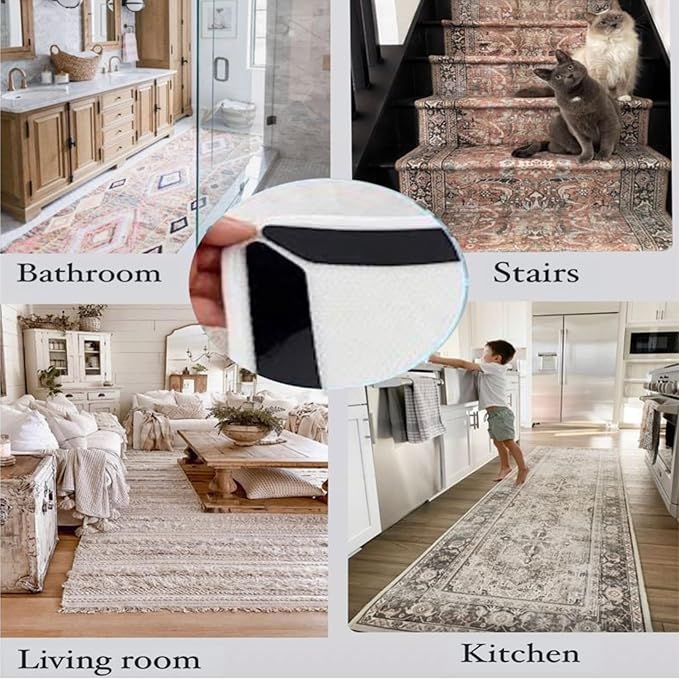 8-Pack Gripper for Rug for Hardwood Floors and Tiles: Double-Sided Reusable Rug Carpet Tape. Anti-Slip Tape Grips Area Rugs, Non-Slip Rug Pads Prevent Sliding, Curling, and Bunching