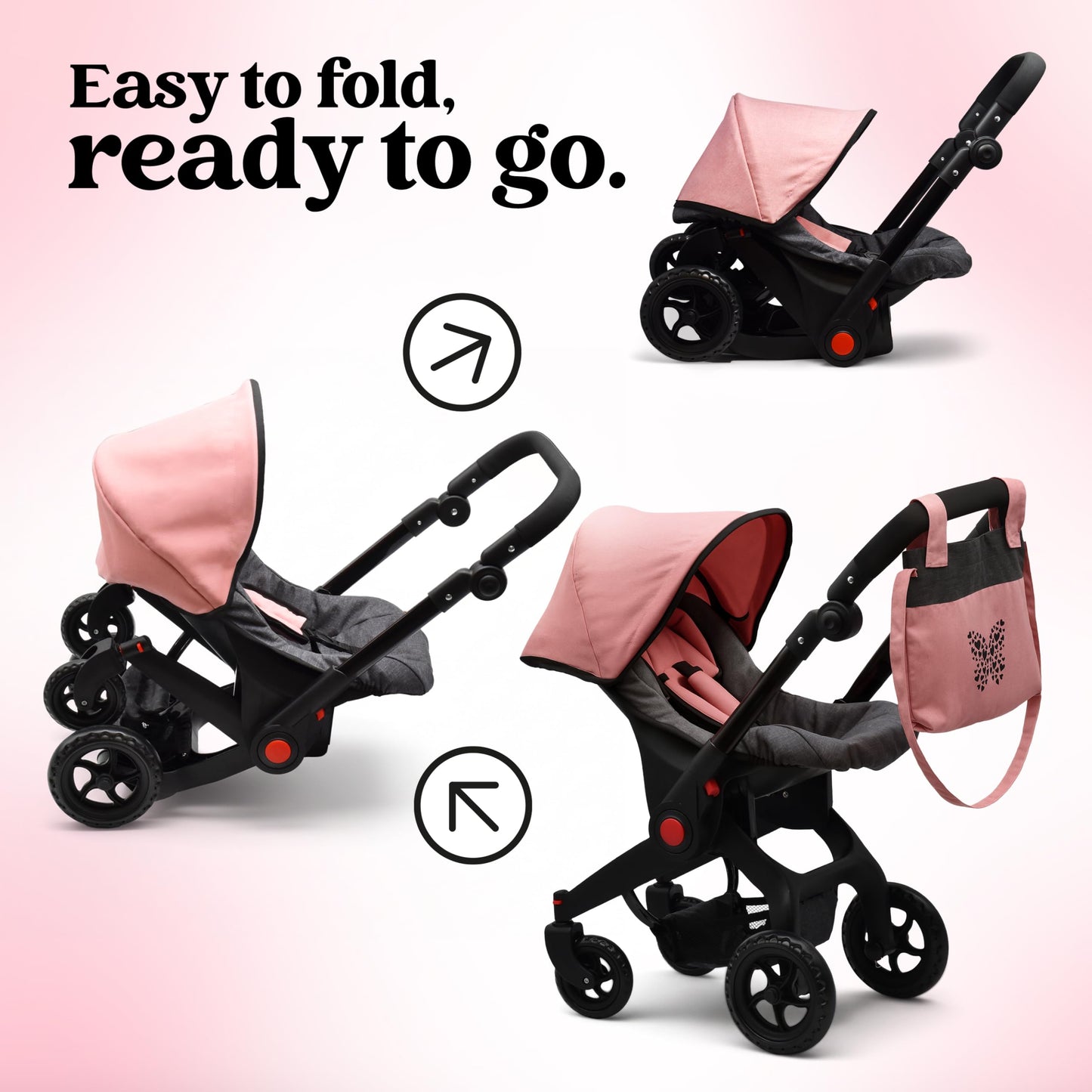 Baby Doll Convertible Travel Stroller for Girls Toddler Play Toy Car Seat Two in One Foldable Carriage for Kids with Diaper Bag Pretend Play Stroller for Doll