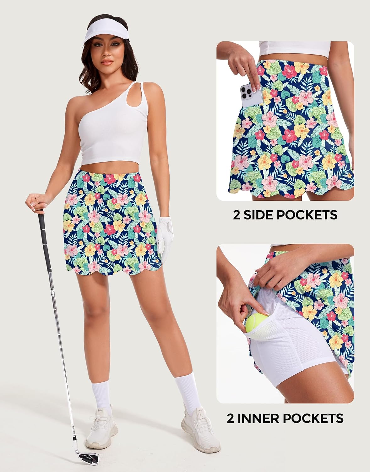 M MOTEEPI Skorts for Woman with Pockets 16" Golf Athletic Skirts Scalloped Hem Tennis Skirt Dressy Casual