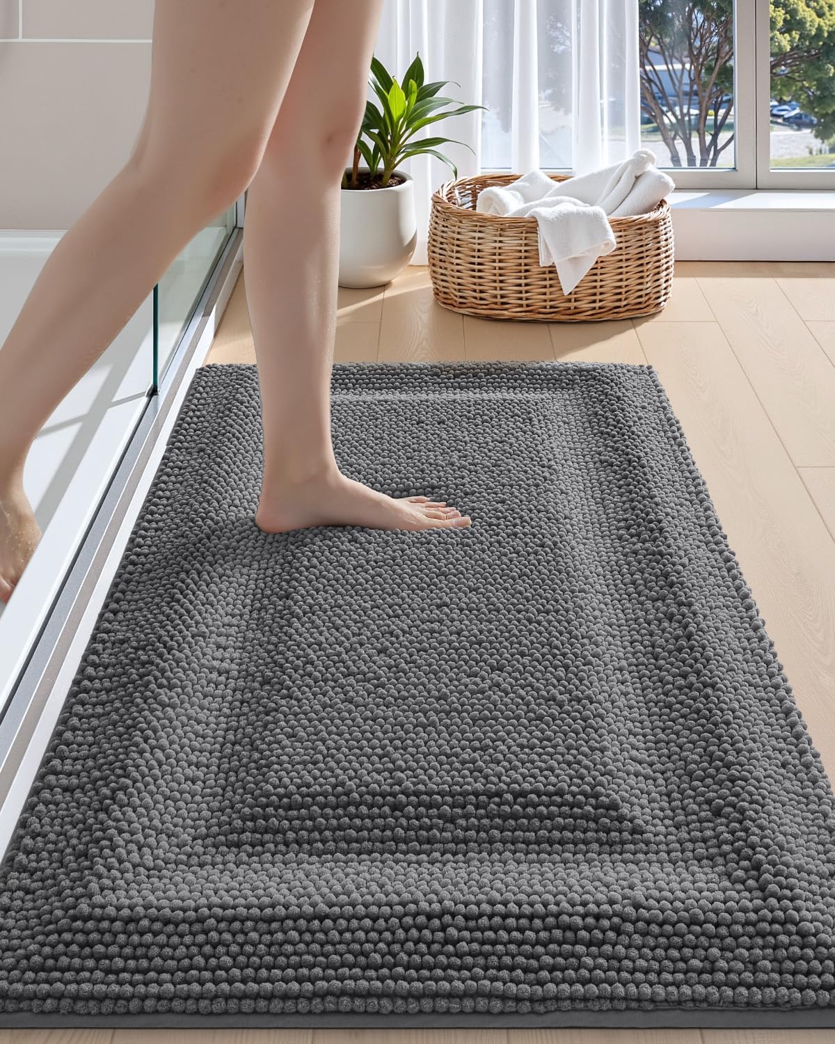 DEXI Bath Mats for Bathroom 24x43, Non Slip Washable Bathroom Rug, Thick Soft Chenille Absorbent Bathmat for Shower Floor, Fluffy Shaggy Carpet for Tub, Grey