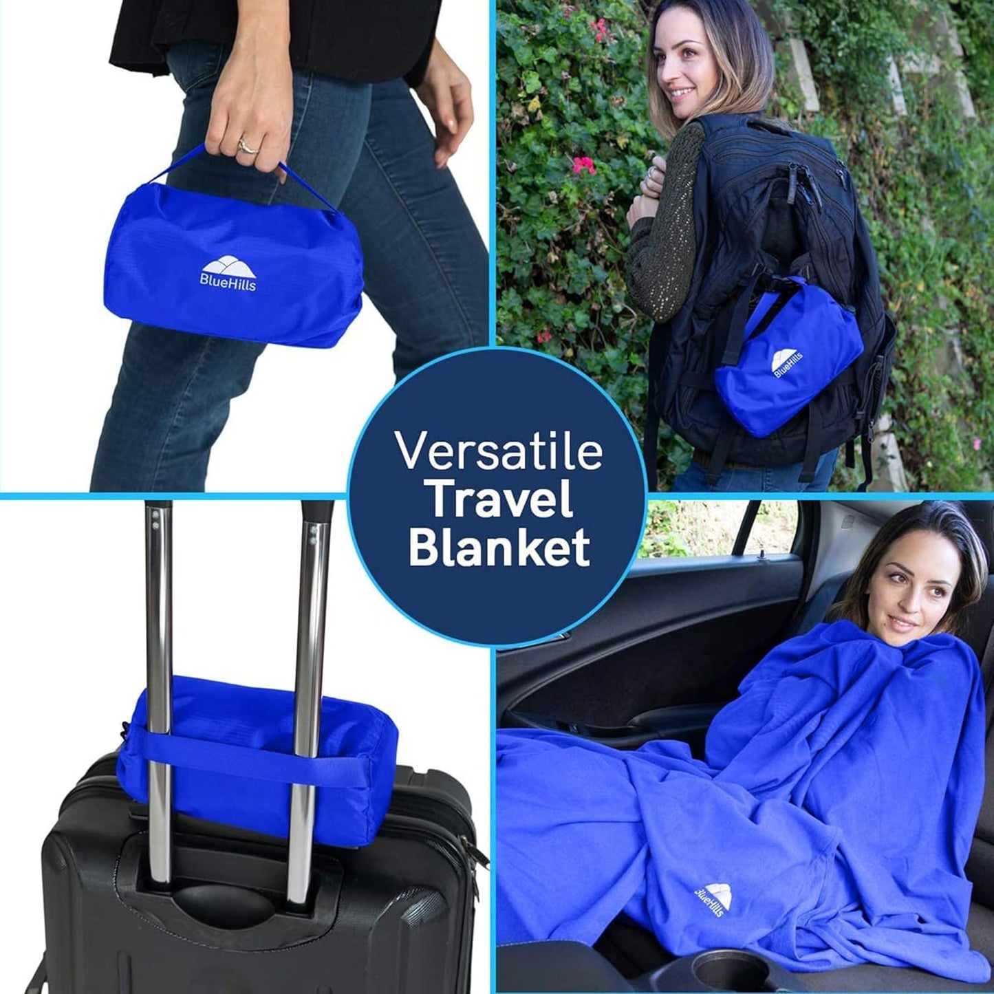 BlueHills Ultra Compact Travel Blanket 2 Pack Large Soft Cozy Portable Blanket Sheet with Carry Case and for Flight Airplane Car Layover Camping Hotel Blue C205-2PK-Royal