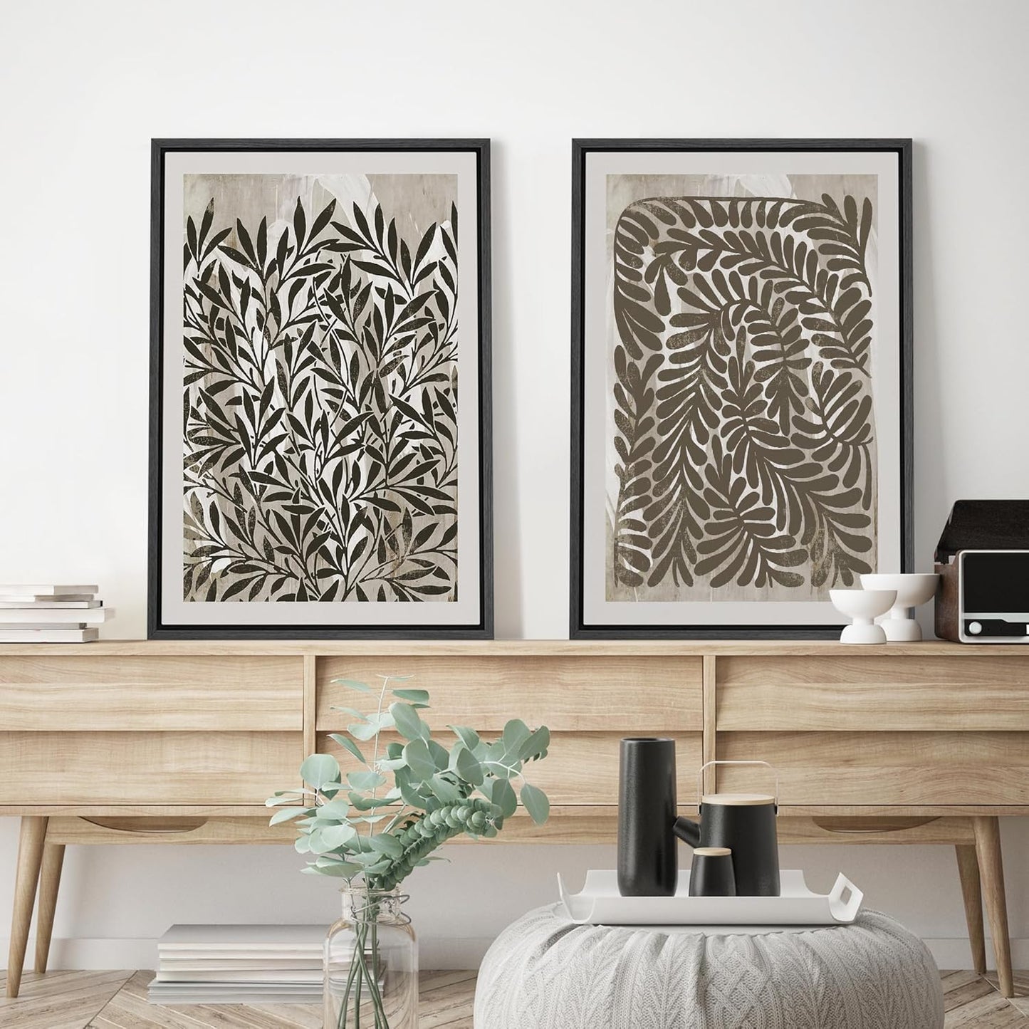 SIGNWIN Framed Canvas Print Wall Art Modern Botanical Abstract Black and Beige Leaf Illustrations Decorative for Living Room, Bedroom, Office - 16"x24"x2 Black