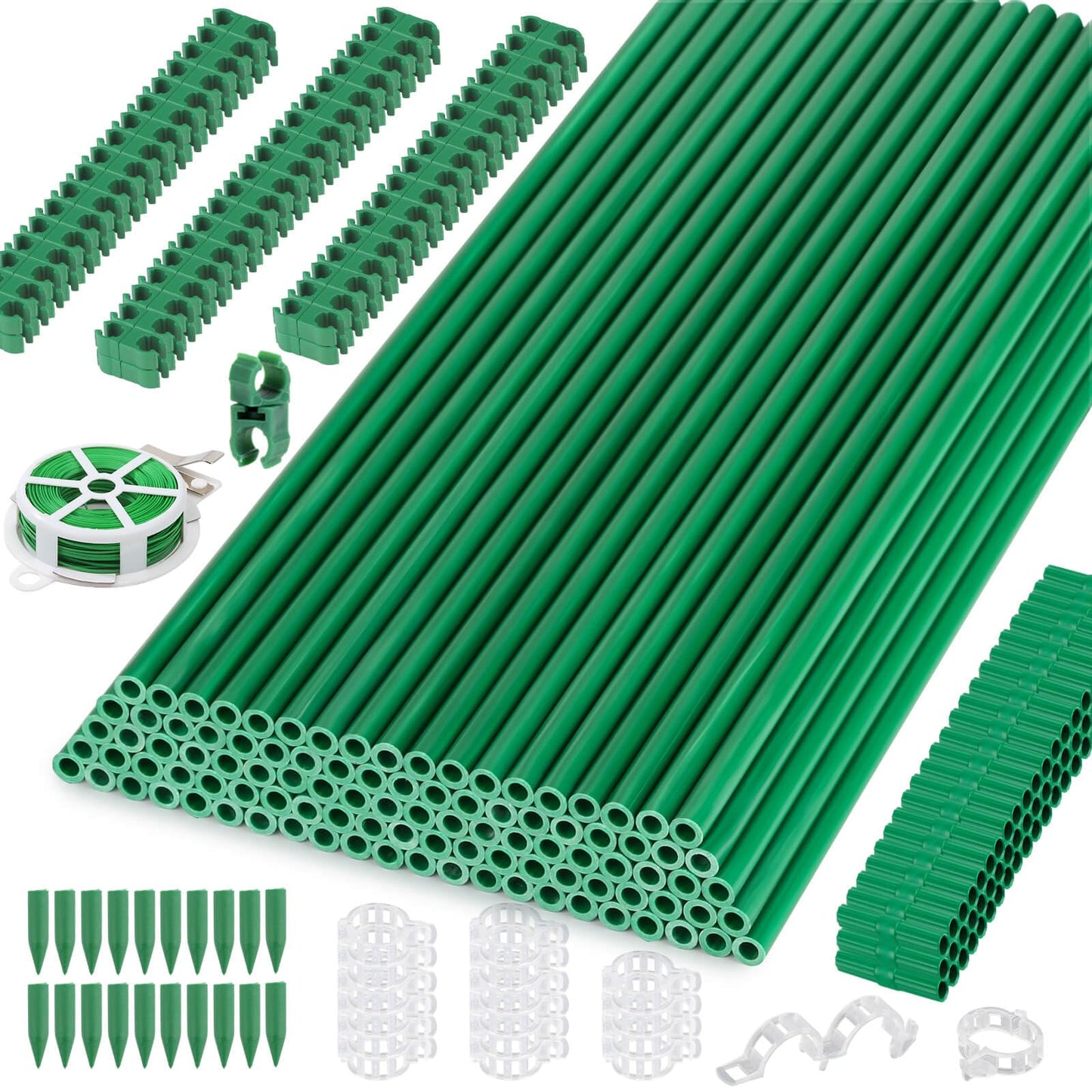 Cludoo 342PCS Garden Stakes Set with 100 Sets Fiberglass Plant Stakes Sticks Supports and Accessories, DIY 4ft 5ft 6ft 7ft Tomato Stakes for Tomato,Vegetables, Pepper, Indoor Outdoor Spring Plants