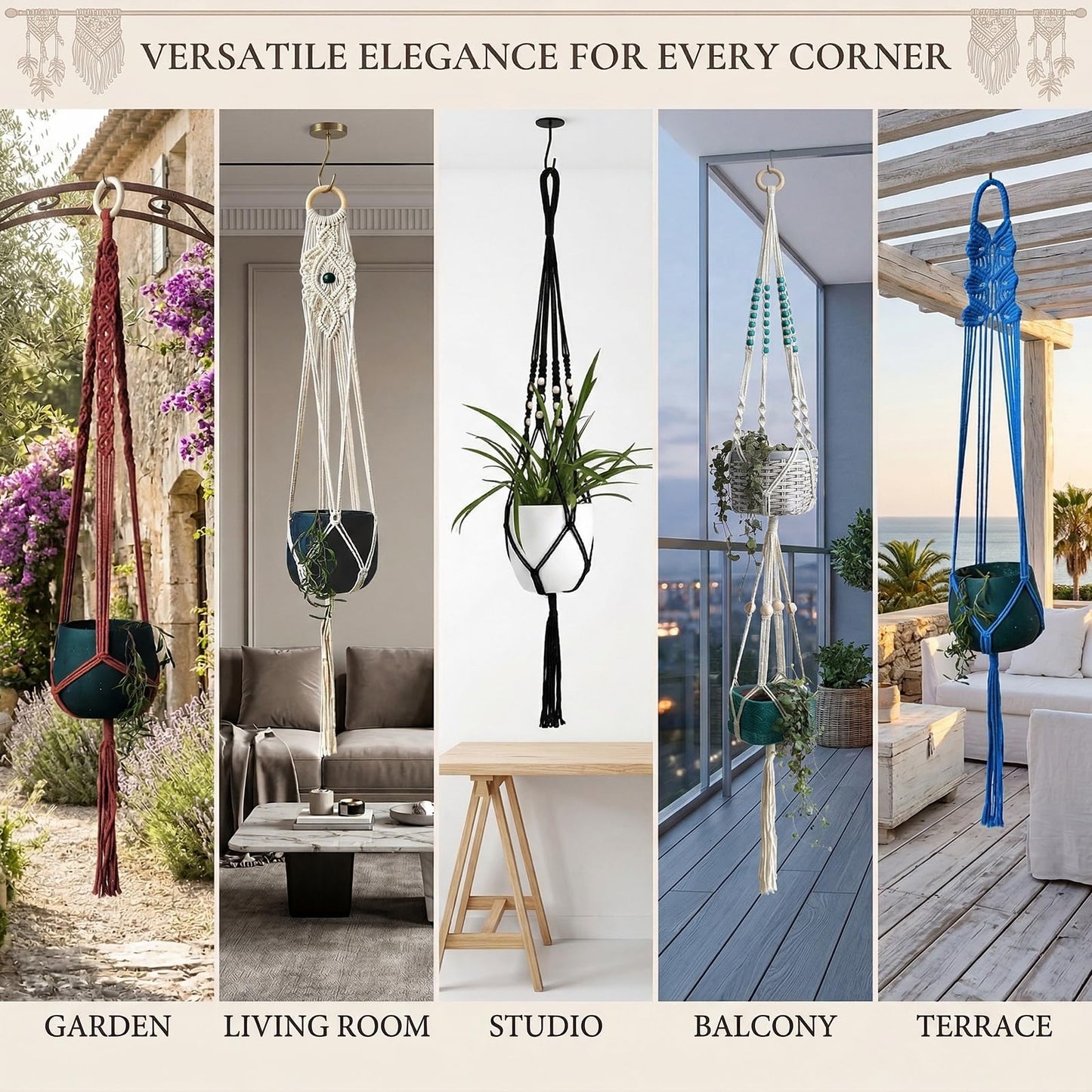 Macravine 8-Pack Macrame Plant Hanger, Boho Indoor Window Pot Hanger with Wooden Beads, Hanging Flower Pot Holder,Creative Handmade Chic Plant Basket Length 39″(no Pot&Plant Included)