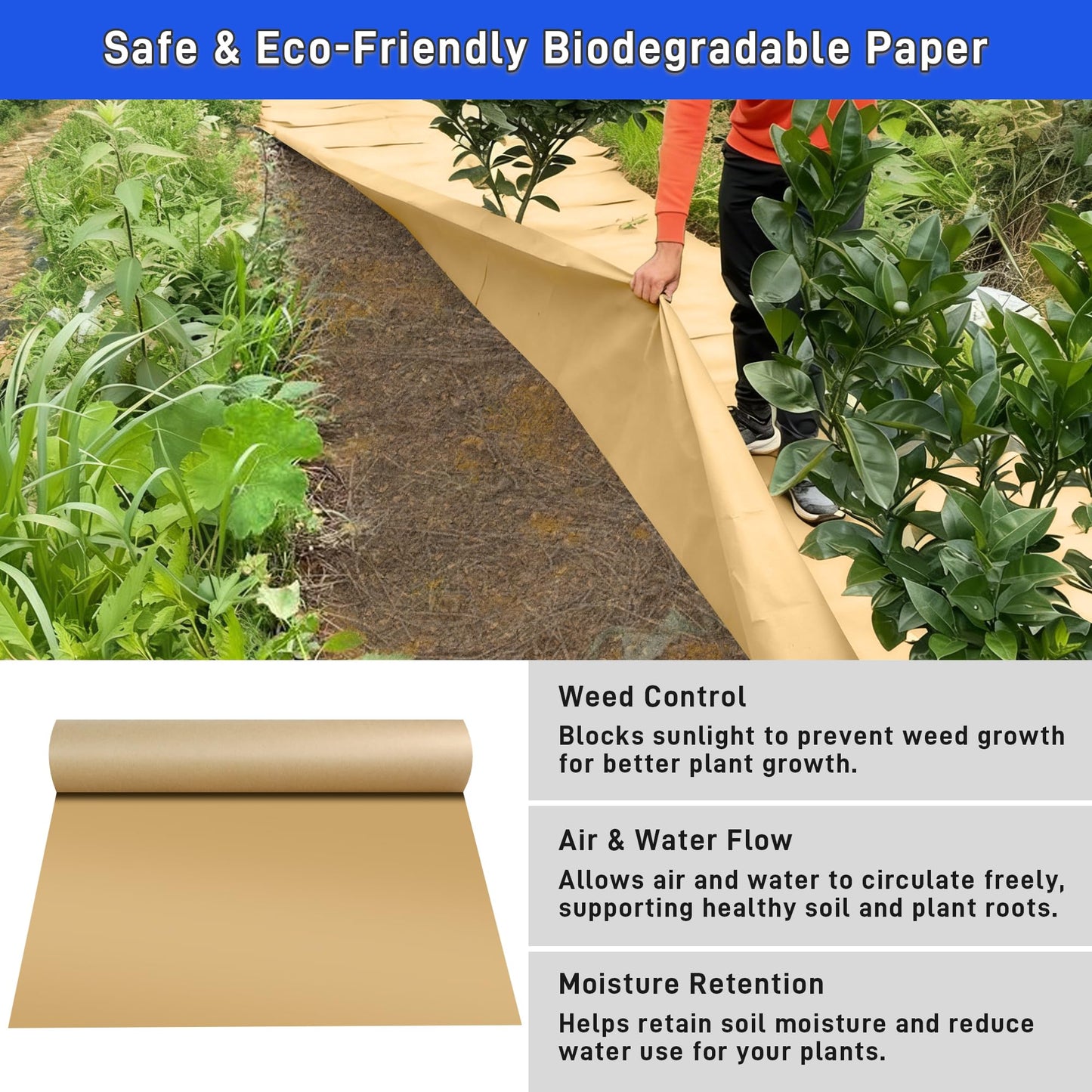 4 x 100 Ft Biodegradable Weed Barrier, Heavy Duty Garden Paper Biodegradable Landscape Fabric for Weeds Control, Thick Paper Garden Mulch Rolls Weed Grass Blocker Paper Mat for Garden Lawn Flower Beds