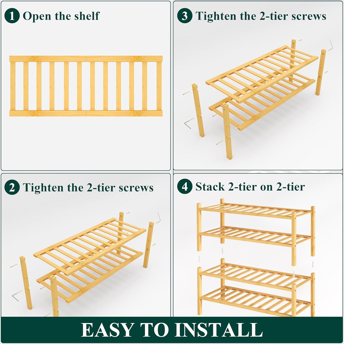 Smiry Shoe Rack, 4 Tier Bamboo Shoe Organizer, Stackable Free Standing Wooden Shoe Storage Shelf for Closet, Entryway, Front Door Entrance, Natural