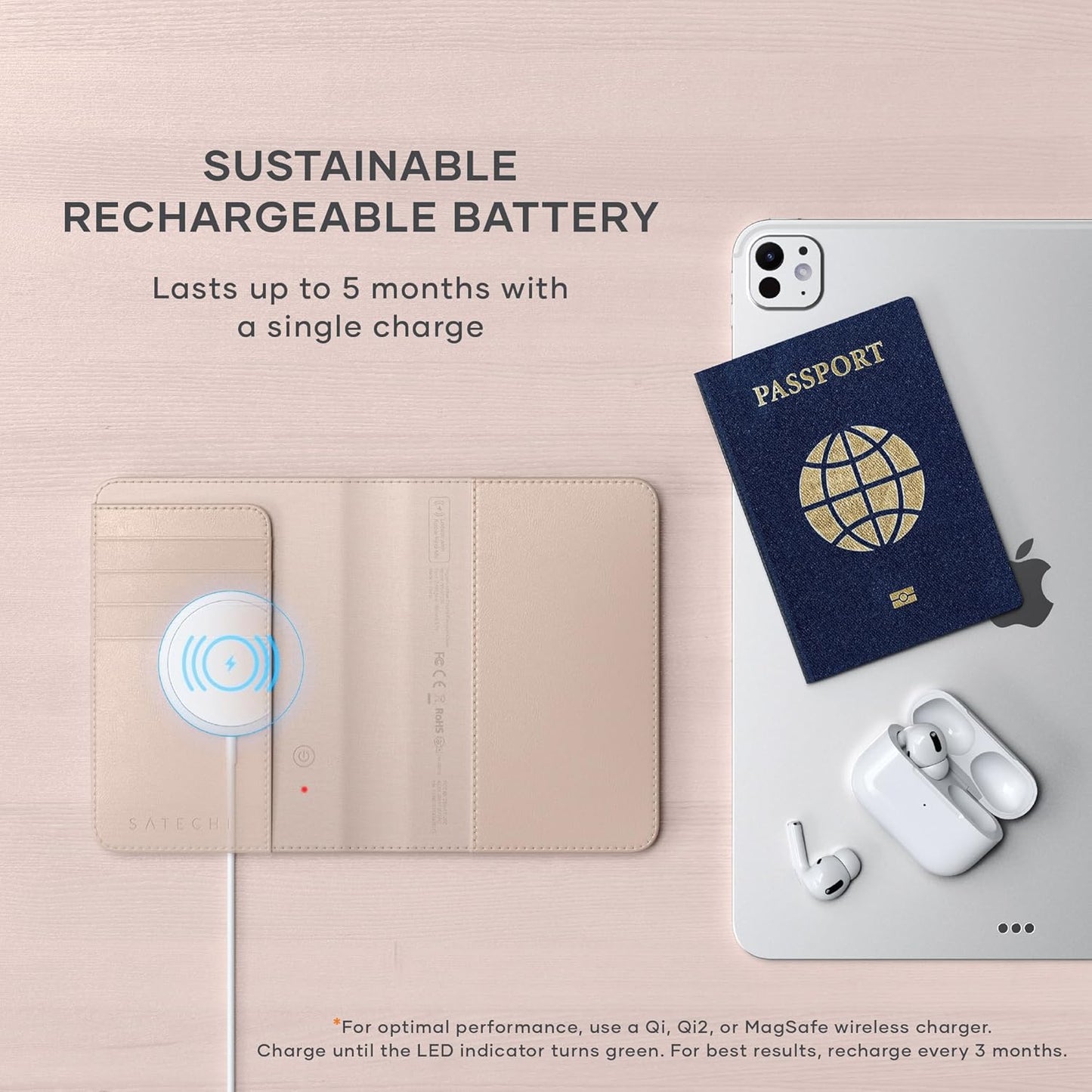 Satechi Passport Holder for Travel with Find My, Passport Cover with 4 Card Holder, Wireless Charging, and RFID protection – Travel Essential Vegan Leather Passport – Desert Rose