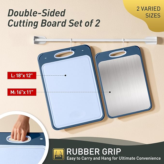 2 in 1 Stainless Steel Cutting Board with Handle 2 Packs Double Sided Cutting Board Stainless Steel Chopping Board Extra Large Big Small Best Hardwood Kitchen Counter Organic Vegetable Meat BBQ Kit