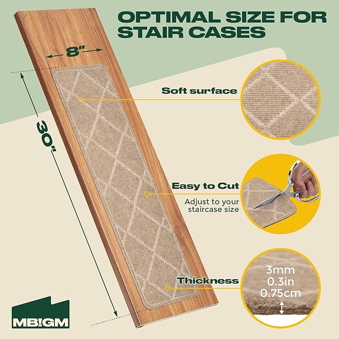 MBIGM 8" X 30" (15 in Pack) Non-Slip Carpet Stair Treads Non-Skid Safety Rug Slip Resistant Indoor Runner for Kids Elders & Pets with Reusable Adhesive - Cornstalk Diamond Weave
