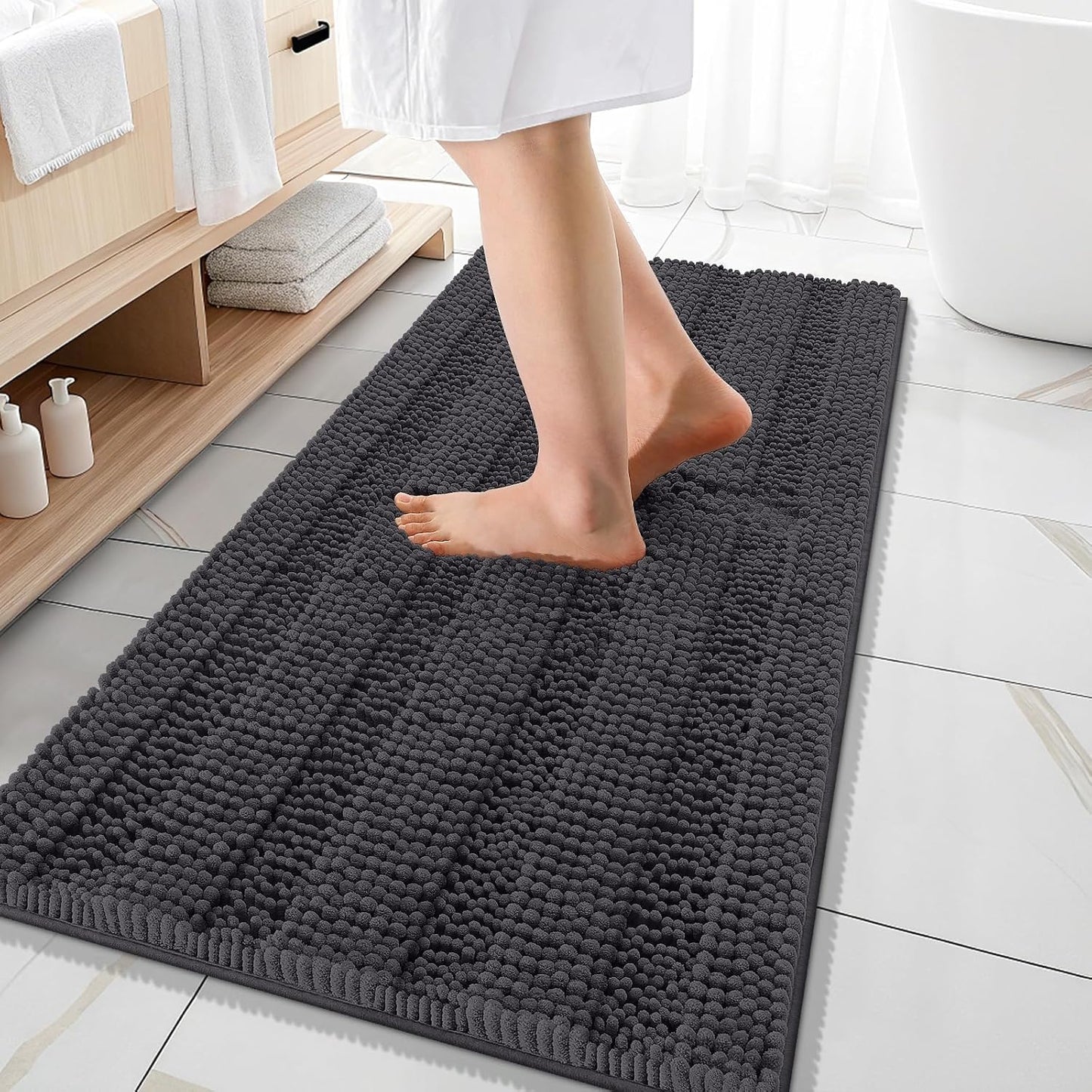 OLANLY Thick Bathroom Rugs 47x20, Extra Soft Absorbent Chenille Striped Bath Rugs, Rubber Backing, Machine Wash Dry, Bath Mats for Bathroom Floor, Tub and Shower, Home Decor Accessories, Dark Grey