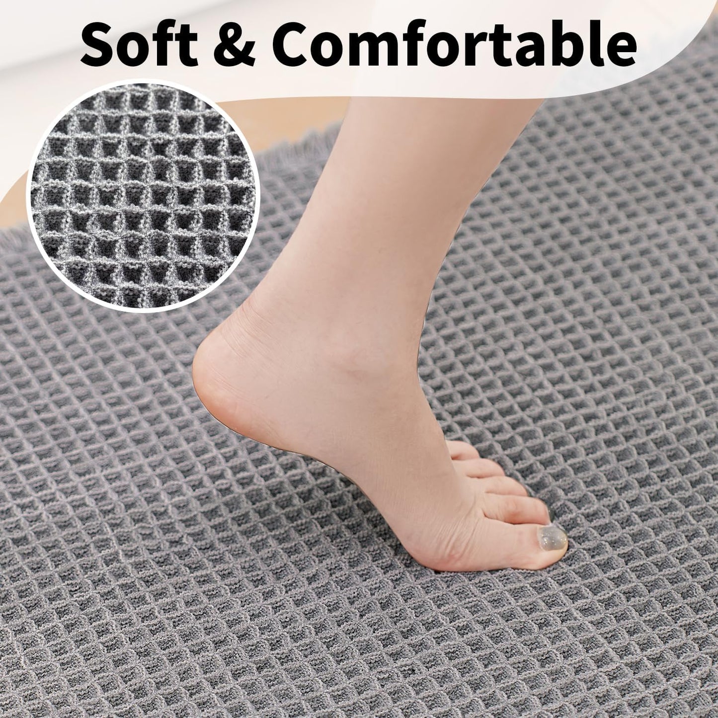 Waffle Bath Mat - Boho Bathroom Rugs Non Slip Washable, Super Absorbent & Quick Dry, Soft Bath Mat Farmhouse Bathroom Decor, 20'' x 48'', Light Grey