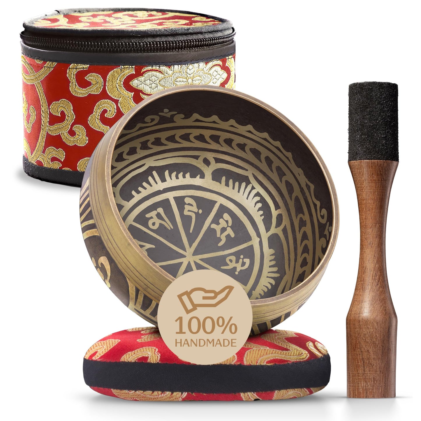 Handmade Tibetan Etched Singing Bowl Set With Case - Meditation Bowl & Sound Bowl With Cushion, Mallet & Guide - Portable Sound