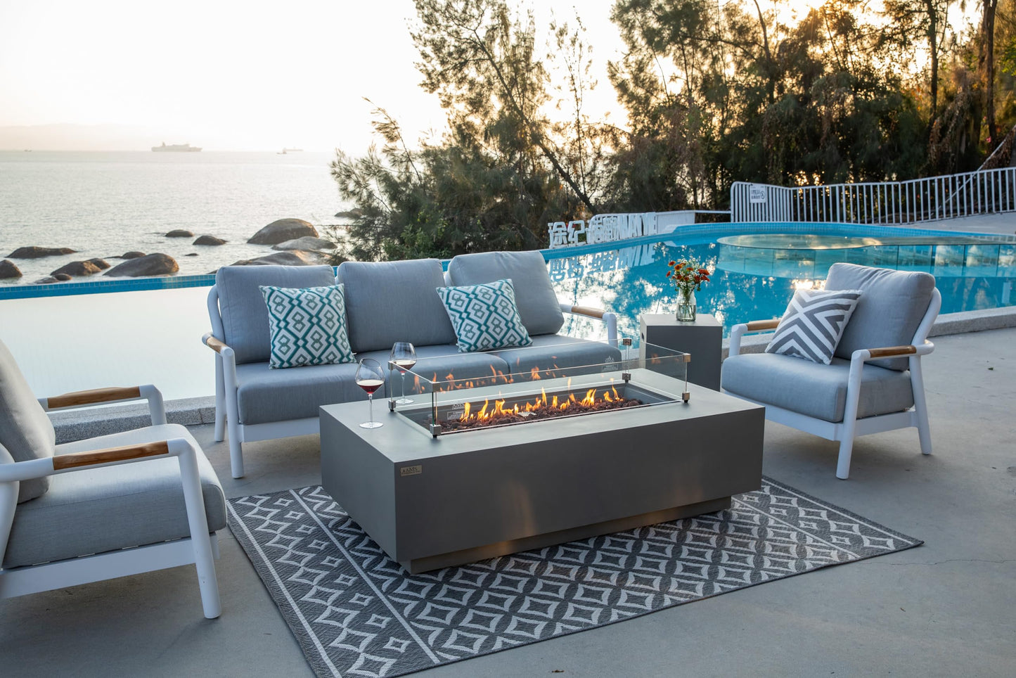 AMS Creations | Madison 60" Bundle Rectangular Natural Gas Outdoor Fire Pit Table | Light Gray Concrete GFRC | Smooth Texture or Surface | Electronic Ignition | Outside Backyard Fireplace