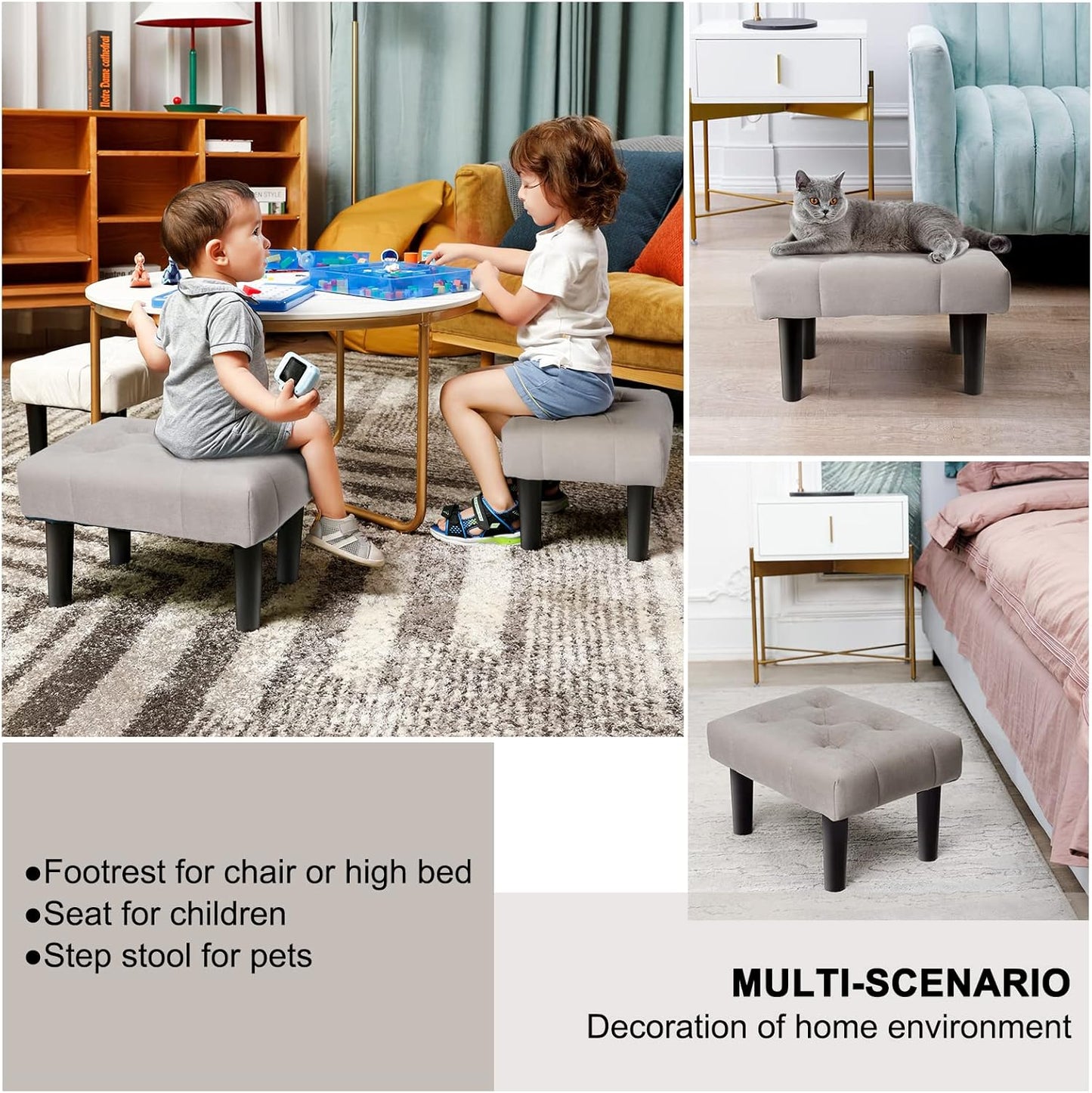 HOUCHICS Small Footstool Ottoman,Velvet Soft Footrest Ottoman with Wood Legs,Sofa Footrest Extra Seating for Living Room Entryway Office(Grey 2PACK)