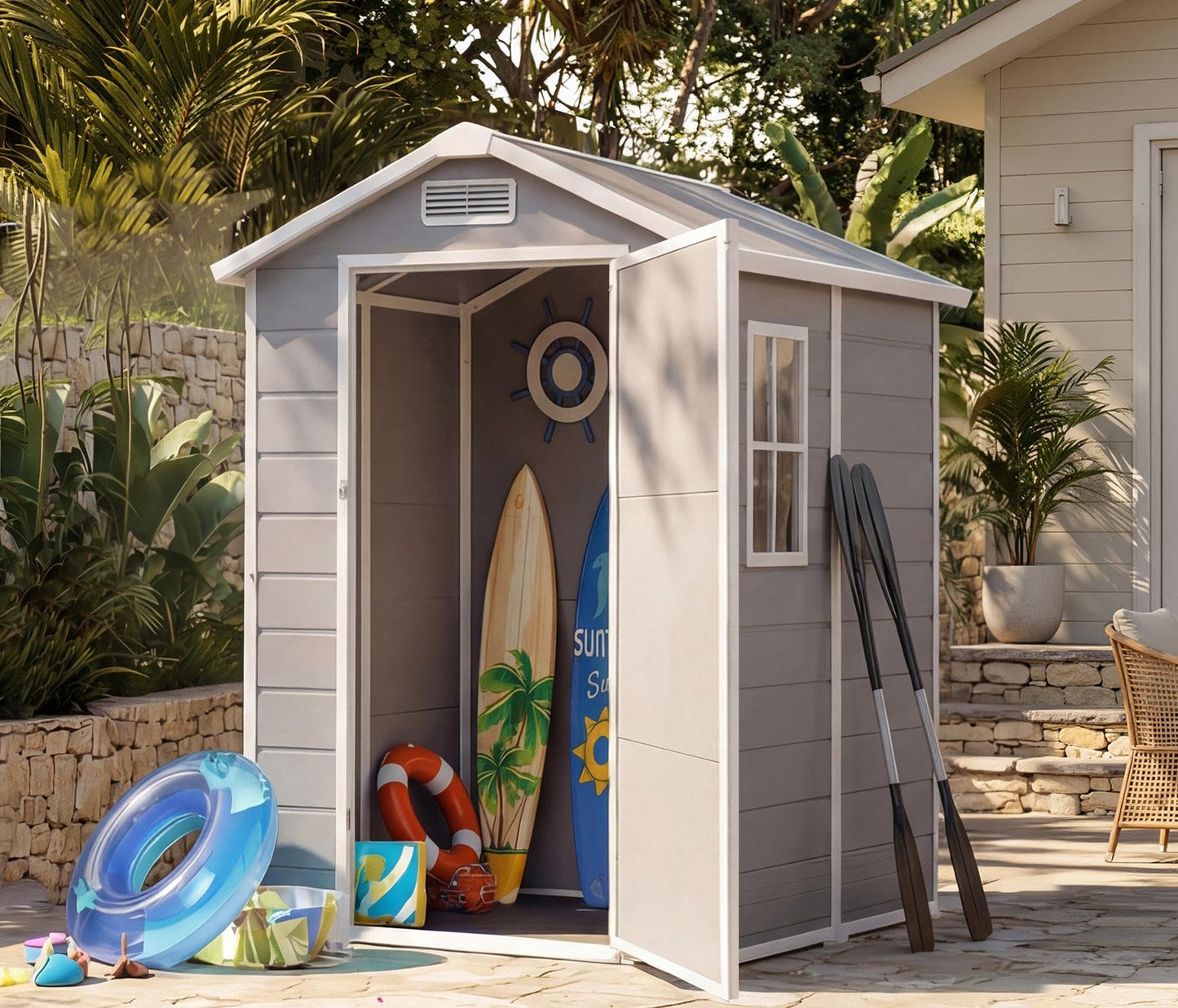 4x6 ft Outdoor Storage Shed with Floor, Plastic Resin Garden Shed with Window & Lockable Door, Tool Shed for Patio, Backyard, Lawn Mower, Bike Storage