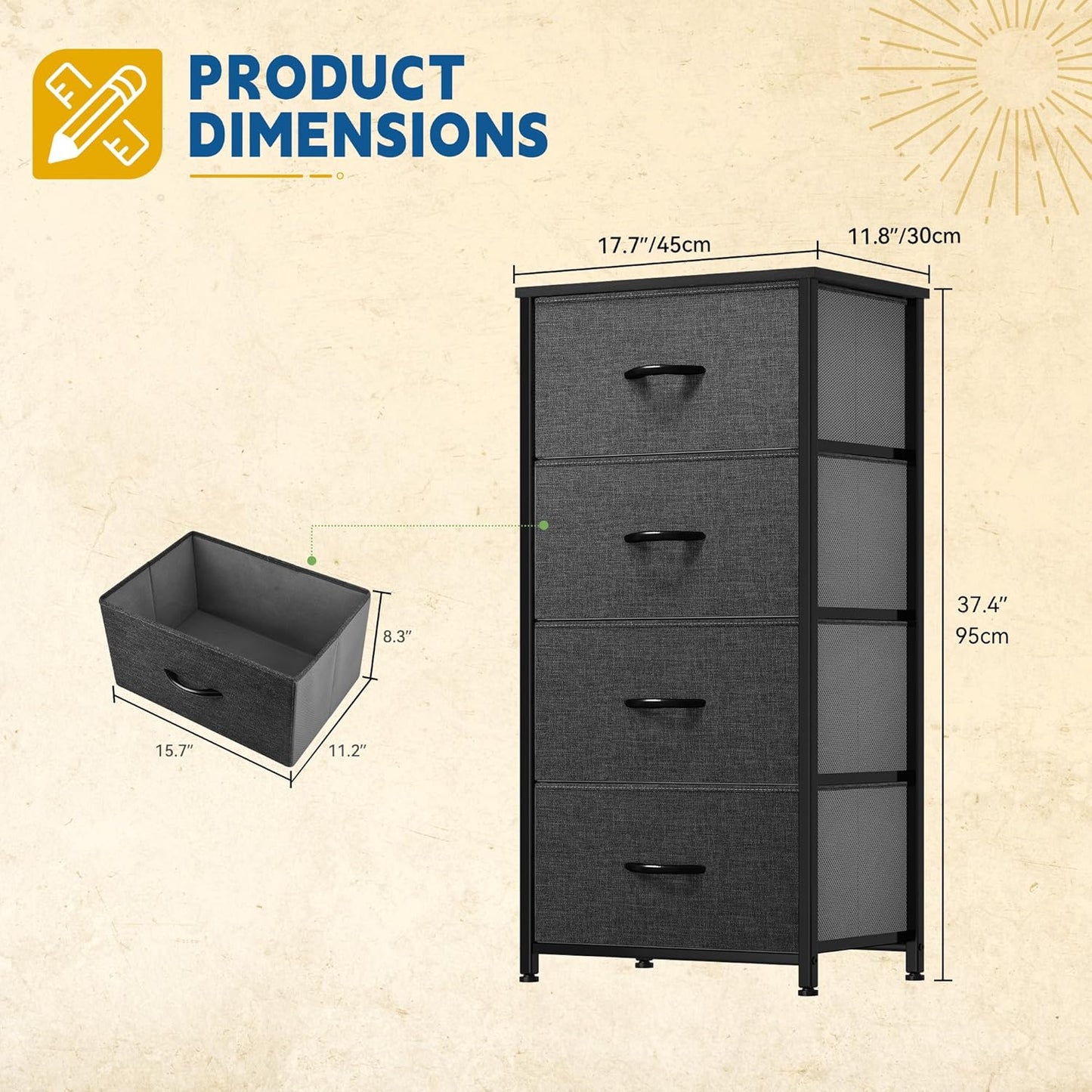 DWVO Storage Tower with 4 Drawers - Fabric Dresser, Organizer Unit for Bedroom, Living Room, Closets - Sturdy Steel Frame, Easy Pull Fabric Bins & Wooden Top