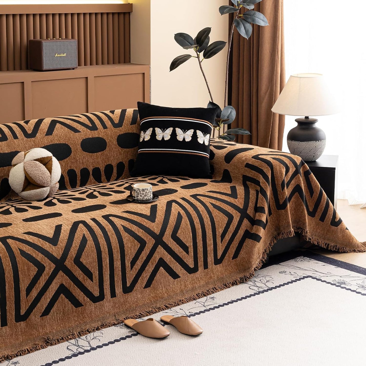 HANDONTIME Boho Couch Cover Geometric Striped Pet Covers for Couches and Sofas Copper Brown and Black Dog Cover for Couch Pet Friendly Chenille Sectional Sofa Covers for Pets Washable, 71" X 118"