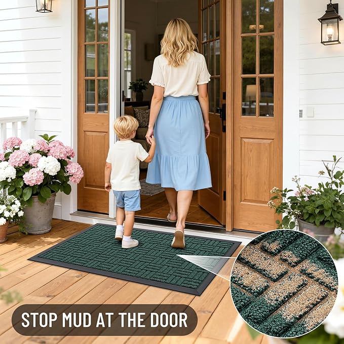 OLANLY Front Door Mat Outside Entrance 35x23, Absorbent, Heavy Duty Sturdy Natural Rubber Doormat Indoor Outdoor, Non-Slip, Stain and Fade Resistant, Low Profile Floor Mat for Entryway, Black Green