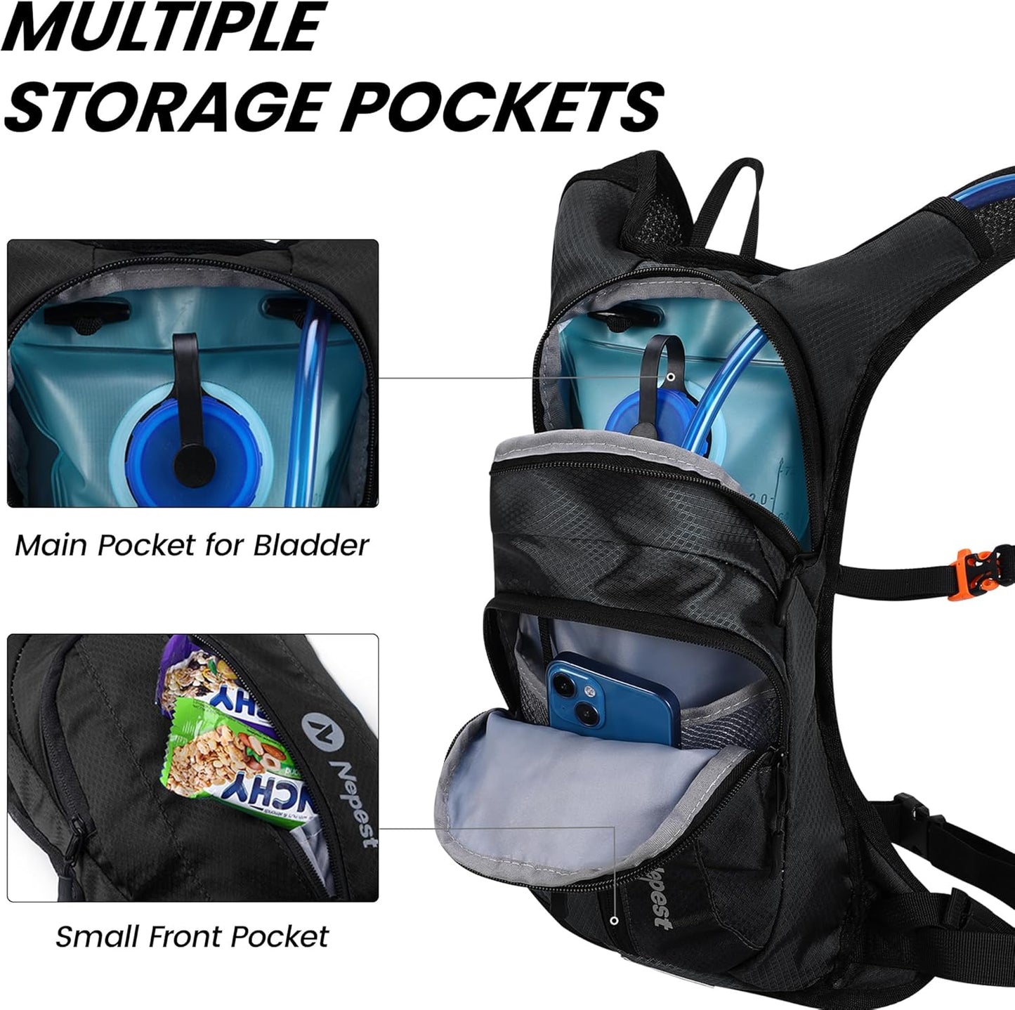 Nepest Hydration Pack Backpack for Women & Men, Lightweight Water Backpack with 2L Water Bladder for Hiking Cycling Running Biking