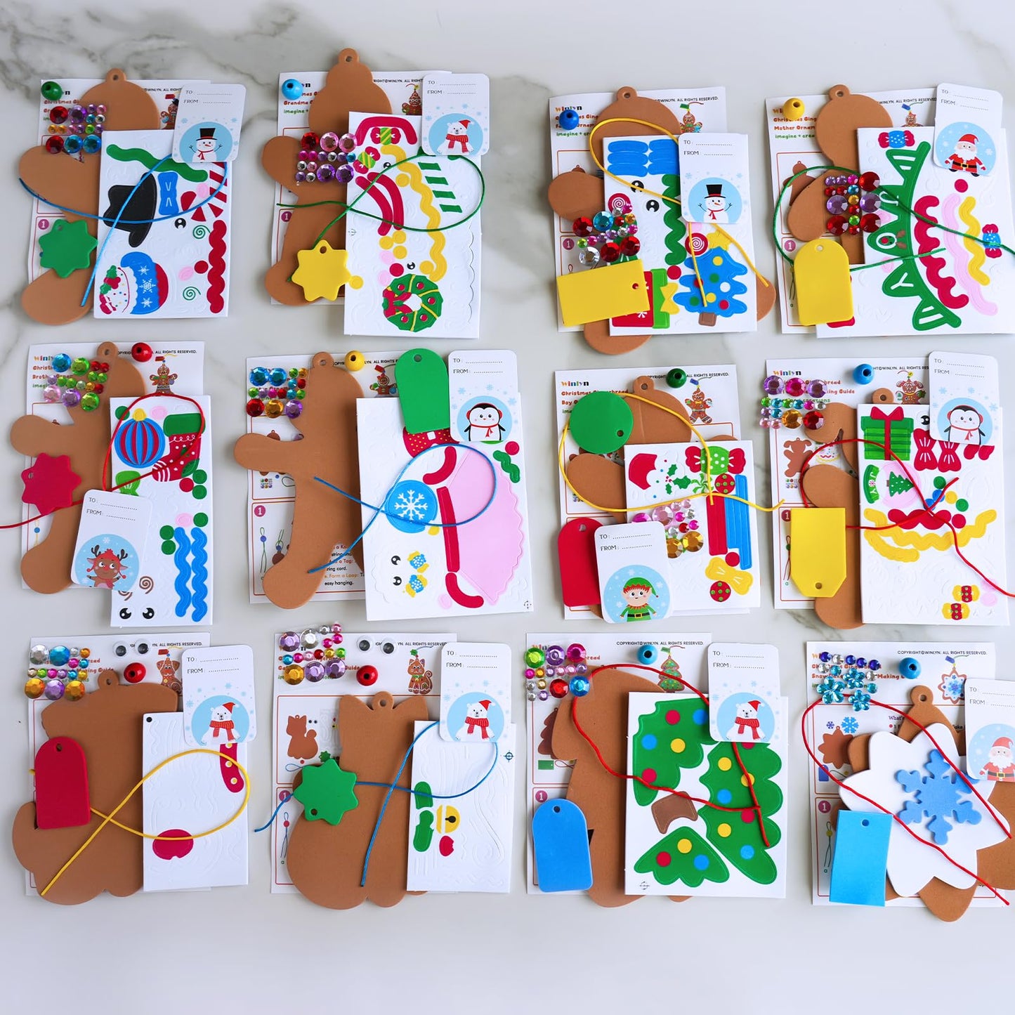 Winlyn 24 Sets 12 Designs Christmas Craft Kits Winter Crafts DIY Gingerbread Man Xmas Tree Ornaments Decorations Festive Foam Stickers Arts and Crafts Kids Holiday Classroom Activities Party Favors
