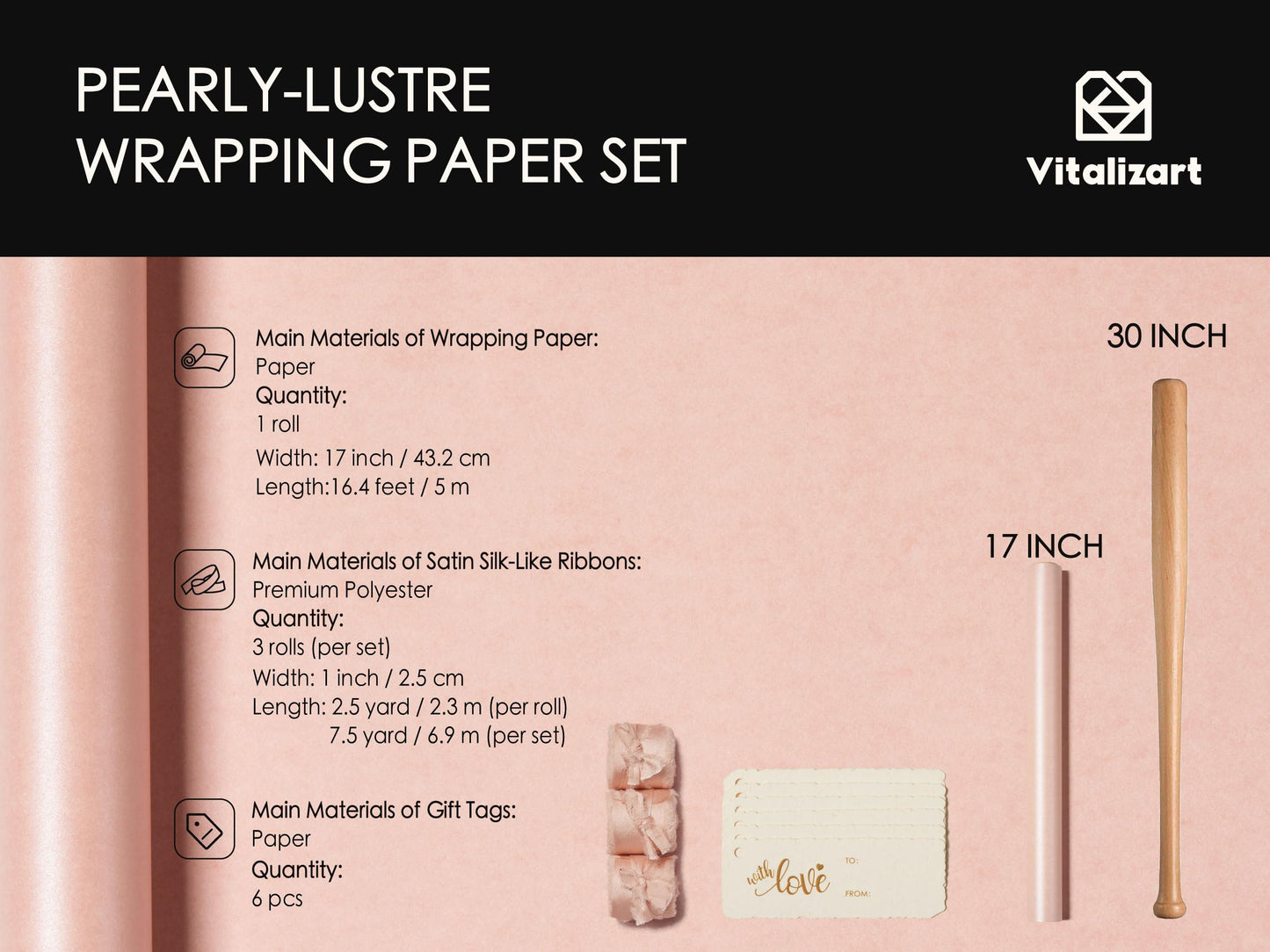 Vitalizart Pink Wrapping Paper Set 17" Pearly-Lustre With Silk Like Satin Ribbon & Gift Tags Recyclable Christmas Gift Wrapping Birthday Baby Shower Wedding Handmade Crafts 197"(16.4 Ft)