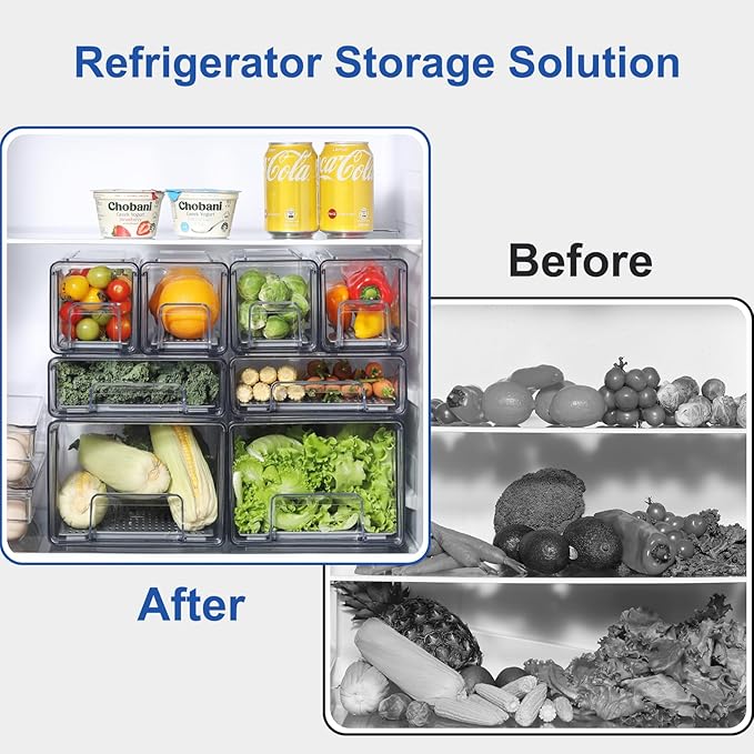 Plastic Clear Fridge Storage Organizer with Drawers & Drainer - Stackable Bins for Kitchen Fruit & Veggie Organization (2PCS, Small)