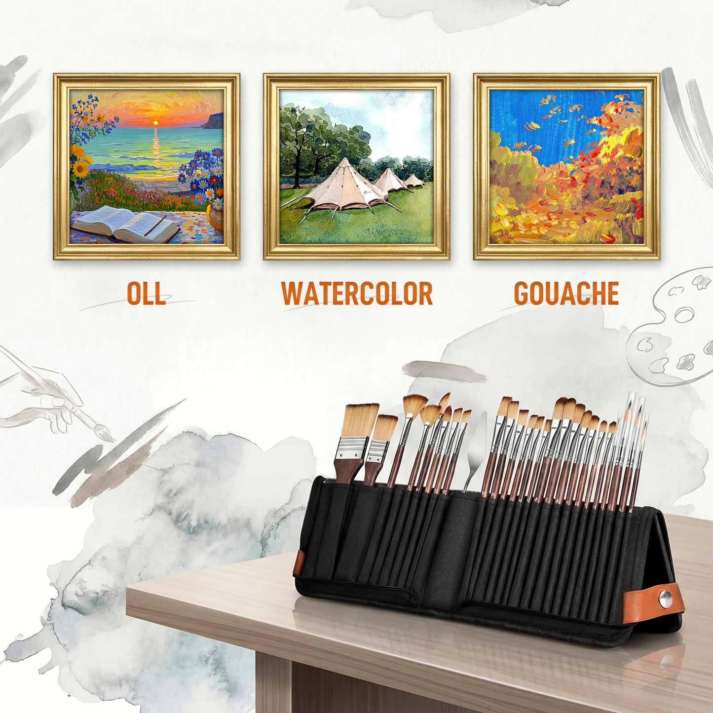 TOOGE 26pcs Acrylic Paint Brush Set: Travel Watercolor Oil Paint Brushes Case Professional Blending Brush Holders and Organizer for Artists Gouache Face Painting with Paint Palette Knife Filbert Brush