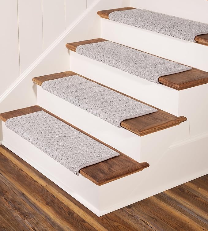 Oak Valley Designs™ Rounded Bullnose Carpet Stair Treads - Anti Slip Indoor Stair Mats for Wooden Stairs, Style: Bayside Charm, Silver Birch 31" W X 9.75" D (Set of 4)