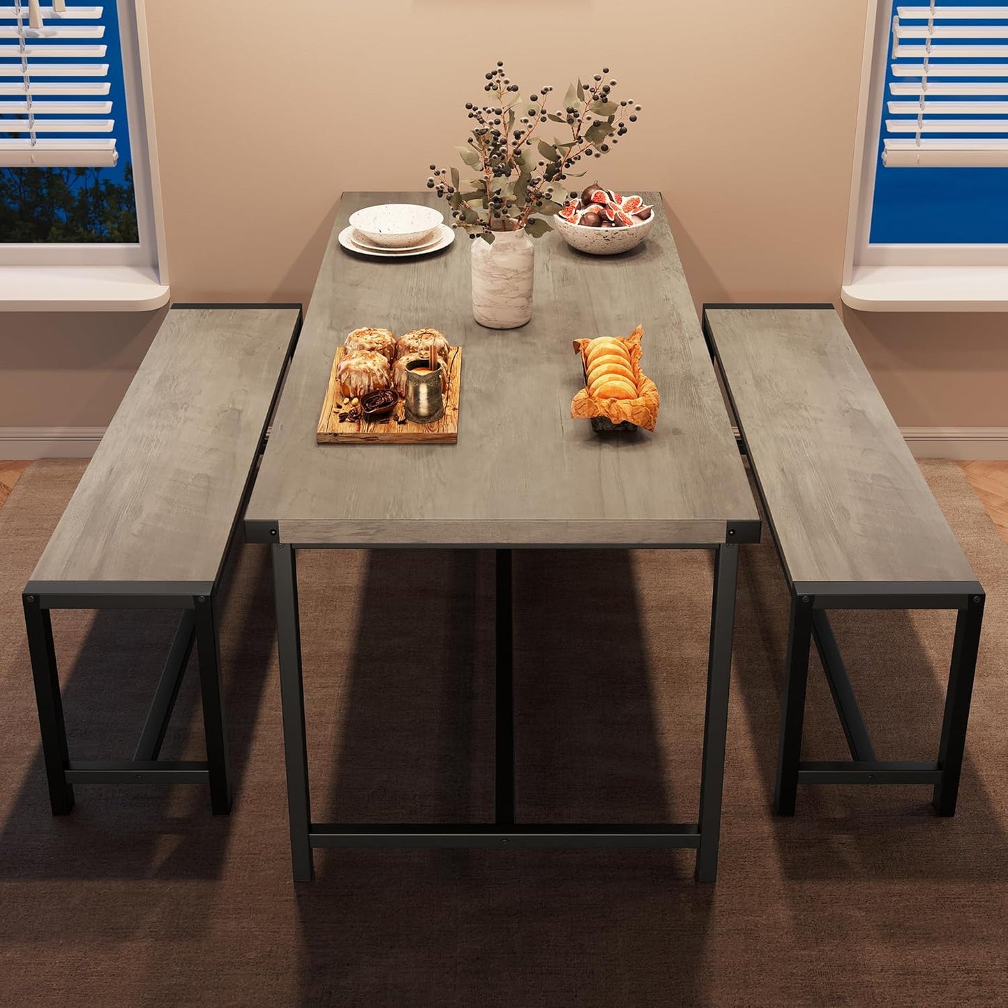 Dining Table Set for 4 with 2 Benches, 3-Piece Kitchen Table Set, Space-Saving Dining Set for Kitchen, Dining Room, Gray