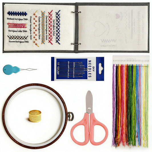 NFEHGXAE Beginner Embroidery Stitch Book Kit with Fabric Pages, 106 Stitches in Structured Learning Order for Adults, Complete DIY Sewing Kit with Patterns, Guide & Tools, Gift for Women