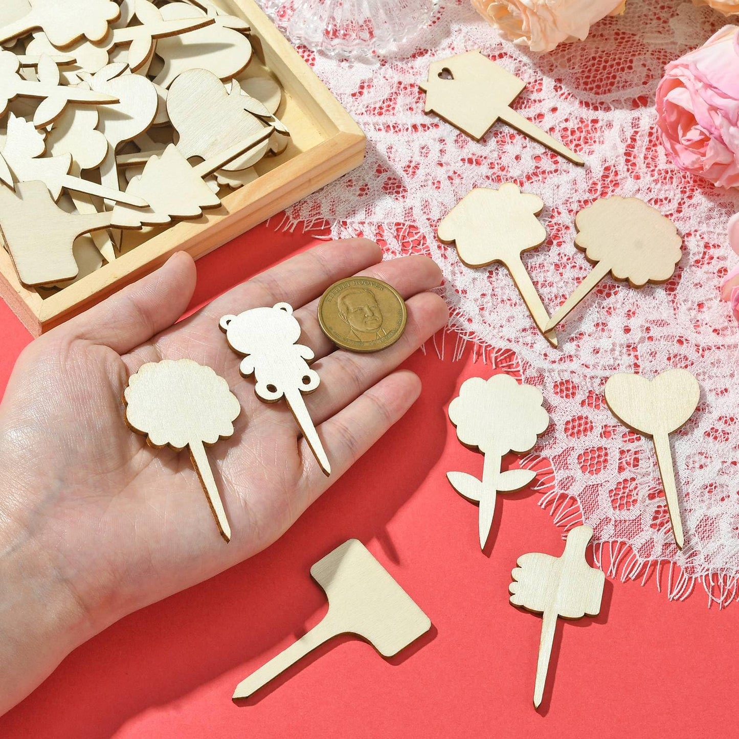 Gythara 60 pcs 12 Styles Forest Theme Unfinished Wood Cutout Charms Butterfly Heart Flower Wood Slice for DIY Painting Art Home Party Craft Decor Embellishments