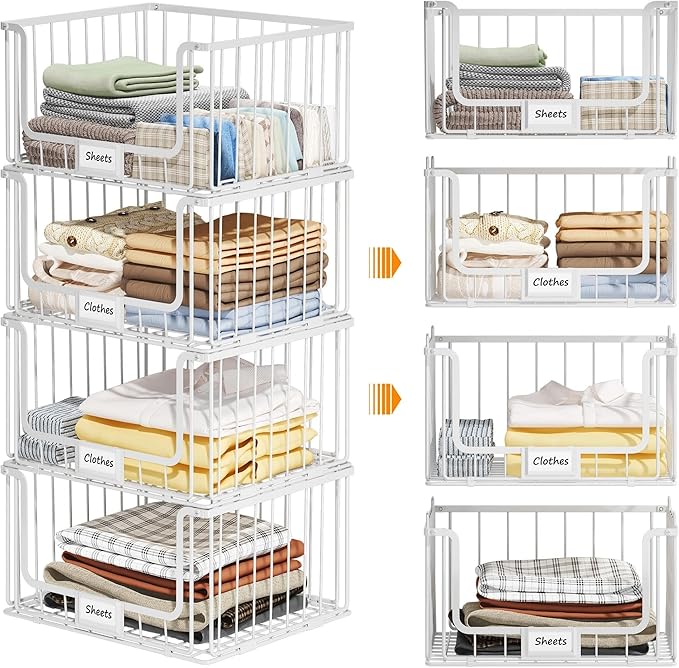 4-Tier Stackable Closet Organizers and Storage, Clothes Shelf Organizer, Foldable Wire Basket Bins, Sweater Storage for Closet and Pantry,11.8" D x 15.7" W,White