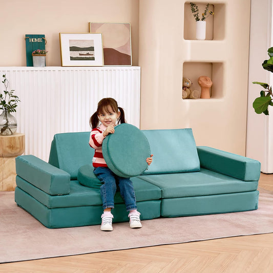 jela Kids Play Couch Extended Size 10PCS with futons, Floor Sofa Modular Play Couch Furniture for Kids and Adults, Modular Play Sofa Castle (Light Blue)