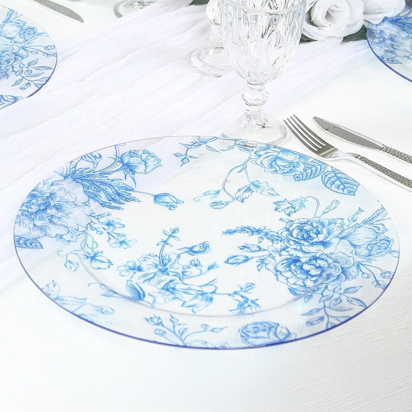 Efavormart 6 Pack Floral Acrylic Charger Plates in French Toile Pattern, Clear Light Blue Round Dinner Charger Event Tabletop Decor - 13"