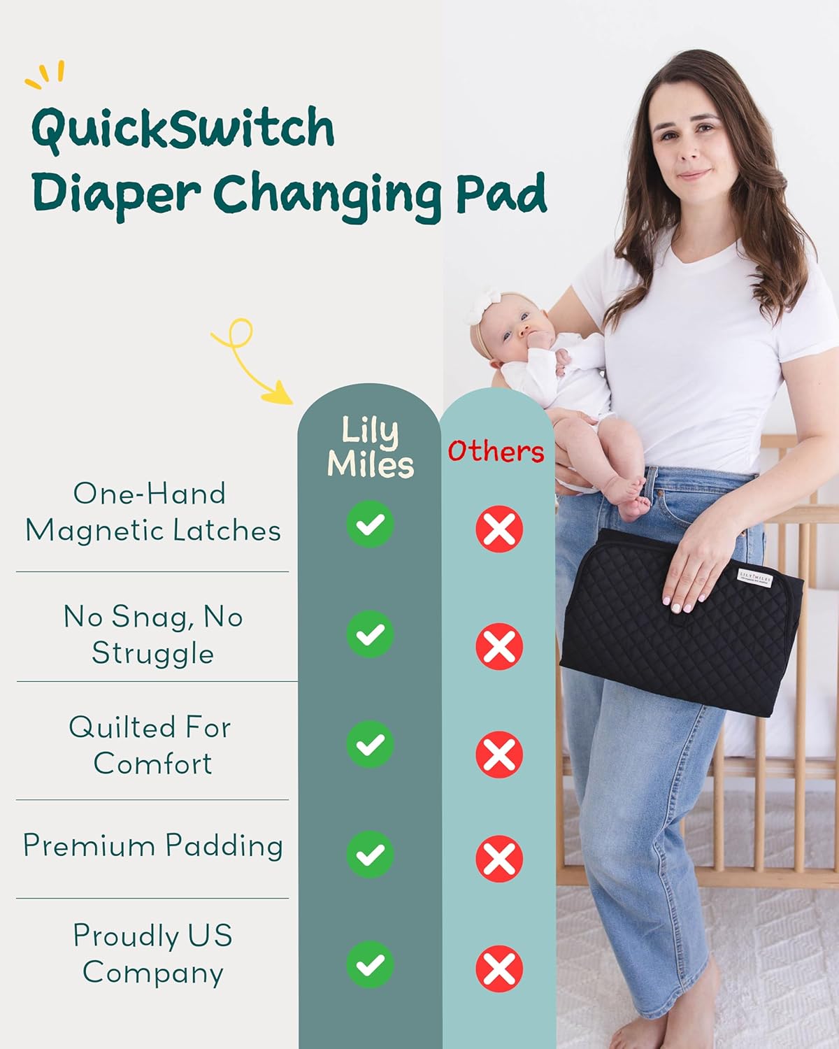 Lily Miles Baby Changing Pad Portable, Diaper Changing Mat with Magnetic Latches, Waterproof Travel Pad for Diaper Bag, Newborn Essentials, Gift for Baby Shower and Registry (Black Twill, Large)