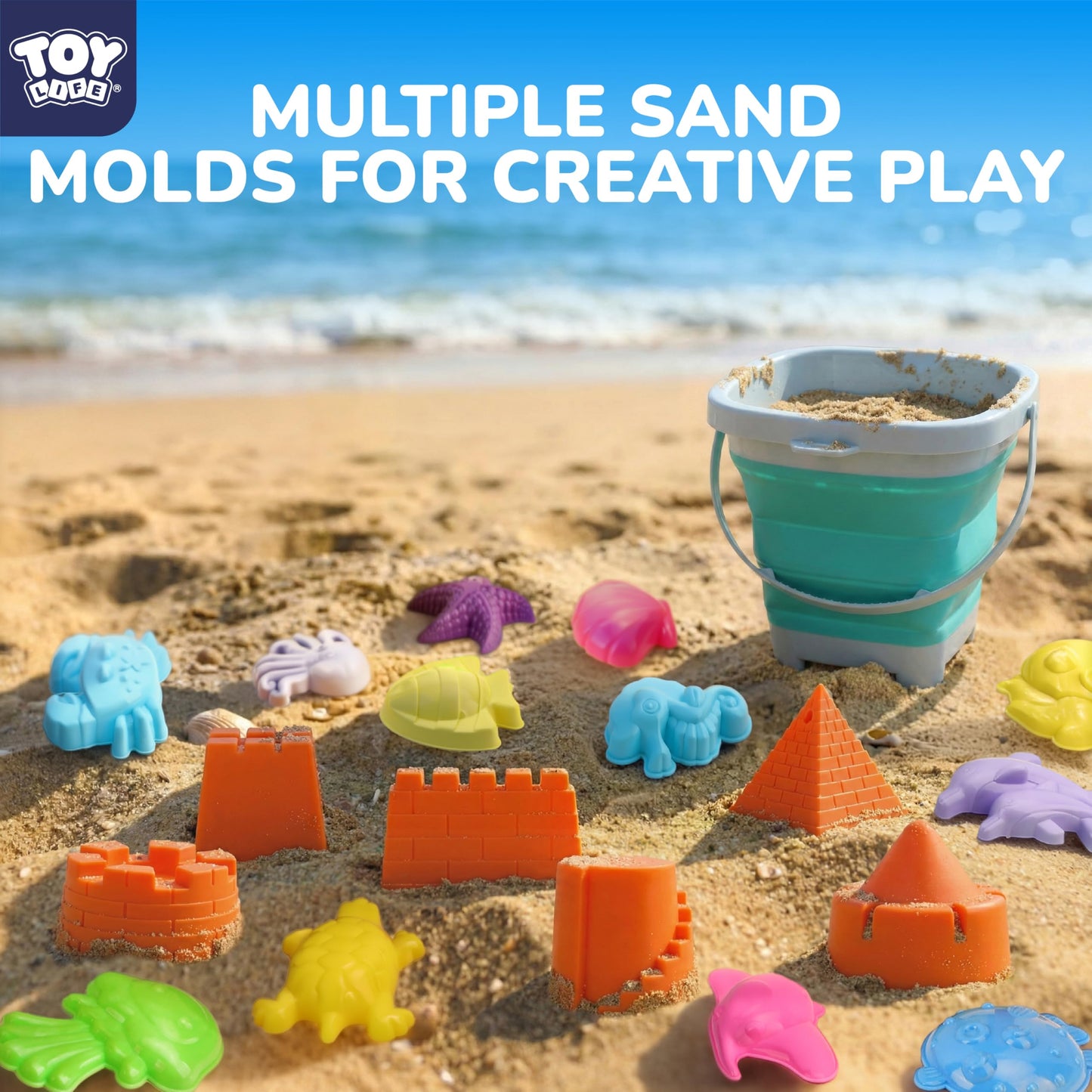 TOY Life 32 Pcs Ocean Beach Toys for Kids Ages 4-8 Collapsible Sand Toys with Water Wheel Watering Can Silicone Bucket Sand Castle Building Kit Travel Sandbox Toy for Party Fishing Summer Toys