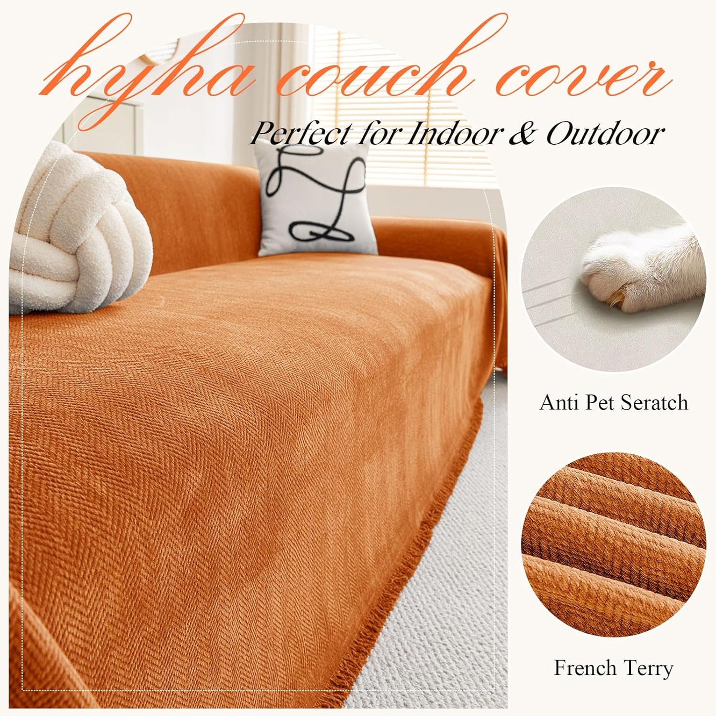 hyha Couch Cover for Dogs, Boho Sofa Covers for 3 Cushion Couch Washable, Chenille Sofa Slipcover for Pets, Soft Loveseat Sectional Couch Throw Blankets with Tassels (Orange, 71x134 Inch)