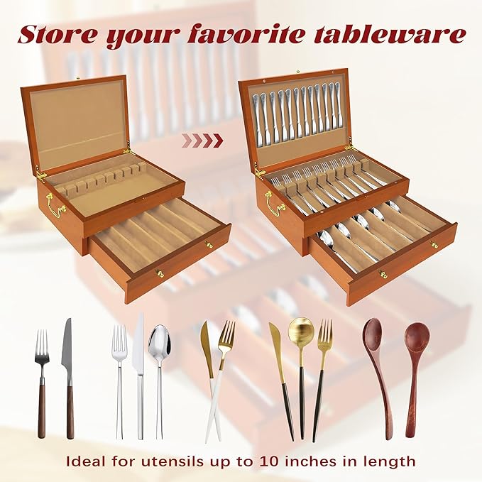 Silverware Storage Box Solid Wood with Lid, 2 Layer Silverware Storage Chest, 15.5'' ×11.5'' Silverware Organizer with Handle and Felt Lined, Chest for Flatware Setting Up 30