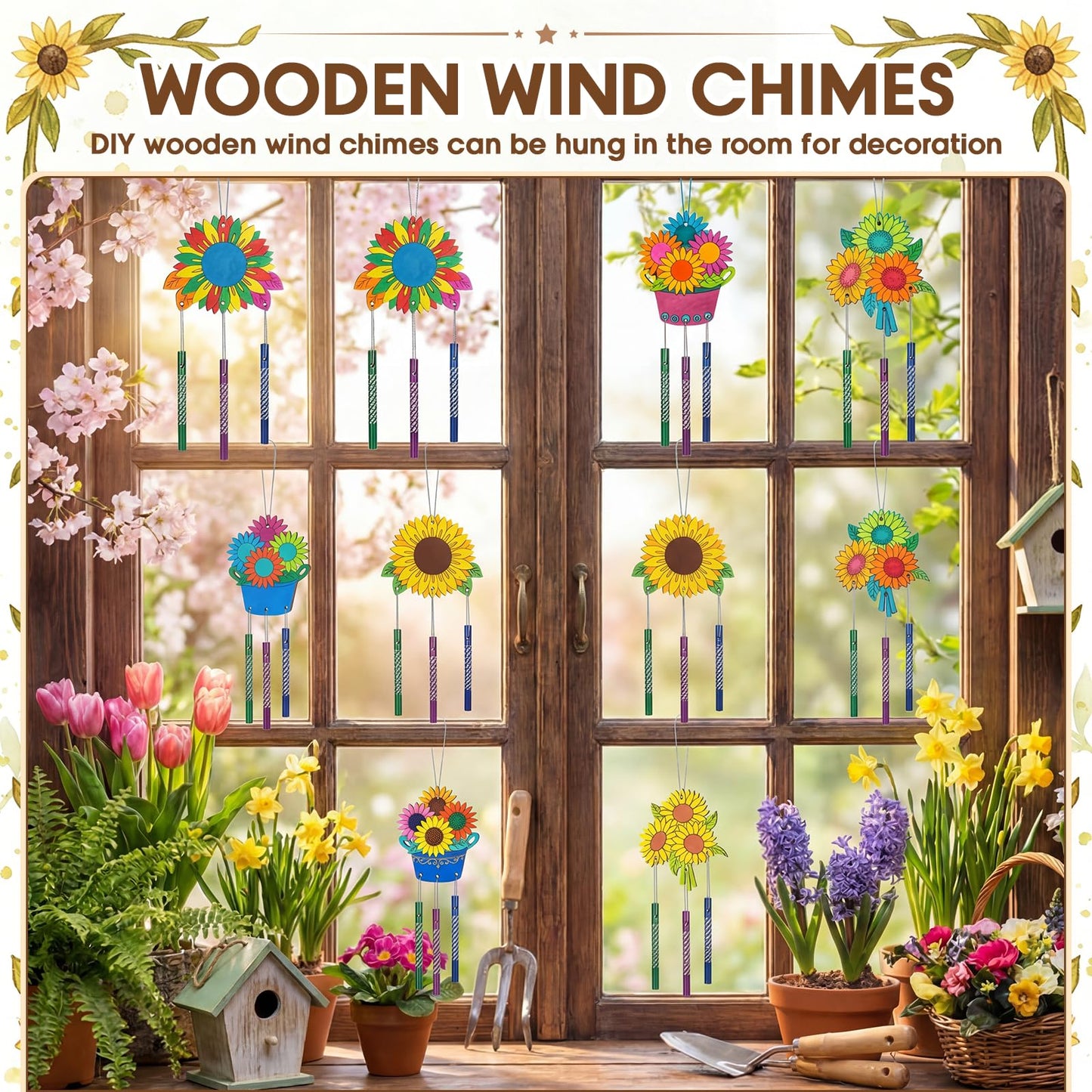 Leinuosen 30 Pcs Wind Chime Kit Sunflower Wooden Wind Chimes Decorative Sunflower Windchimes Hanging Dragonfly DIY Crafts for Indoor Outdoor Garden Home Patio Party Crafts Decorations