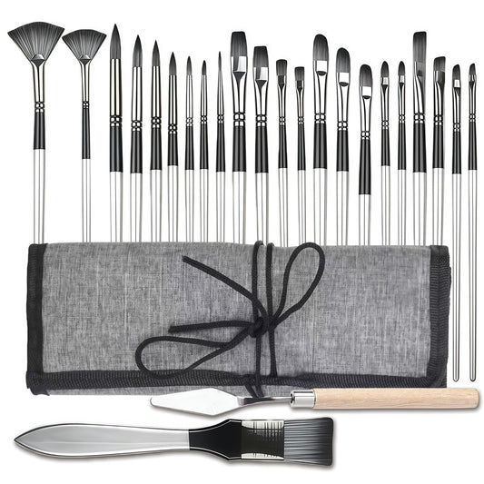 CllyCnny 25pcs Paint Brush Set, Professional Artist Paint Brushes for Acrylic Painting, Oil, Watercolor, Gouache, with Paint Spatula and Cloth Roll - Art Supplies for Artists and Beginners