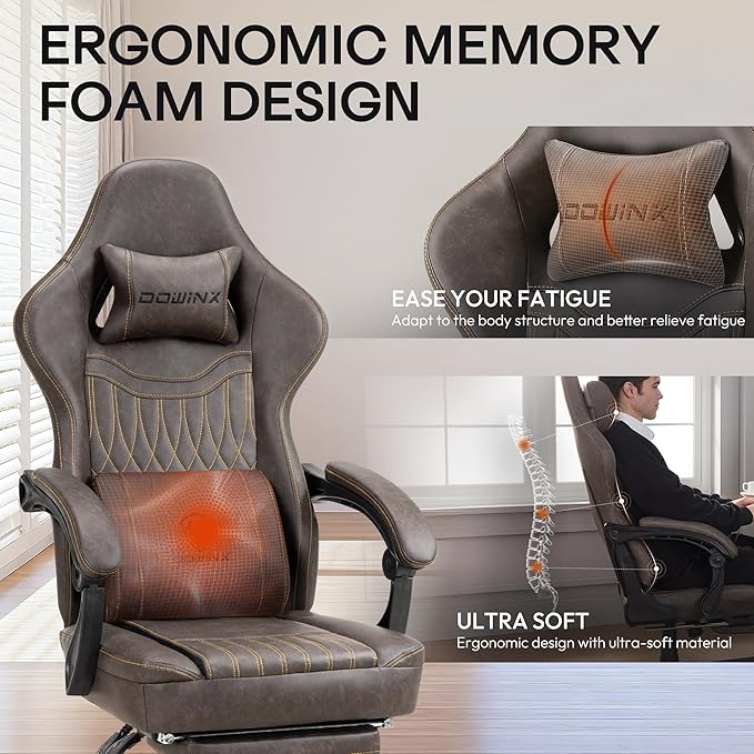 Dowinx Gaming Chair Breathable PU Leather Gamer Chair with Footrest Massage Lumbar Support, Big and Tall Ergonomic Reclining Computer Chair with Pocket Spring Cushion for Adults Teens (Brown)