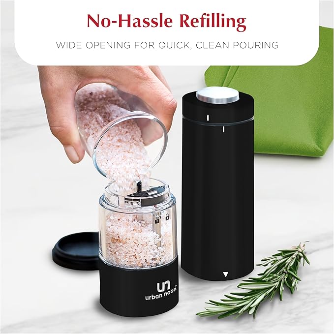 Electric Salt and Pepper Grinder Set - Battery Operated Stainless Steel Mills (1 Black Pepper Grinder + 1 White Salt Grinder) Automatic One Handed Operation Electronic Adjustable Ceramic Grinders
