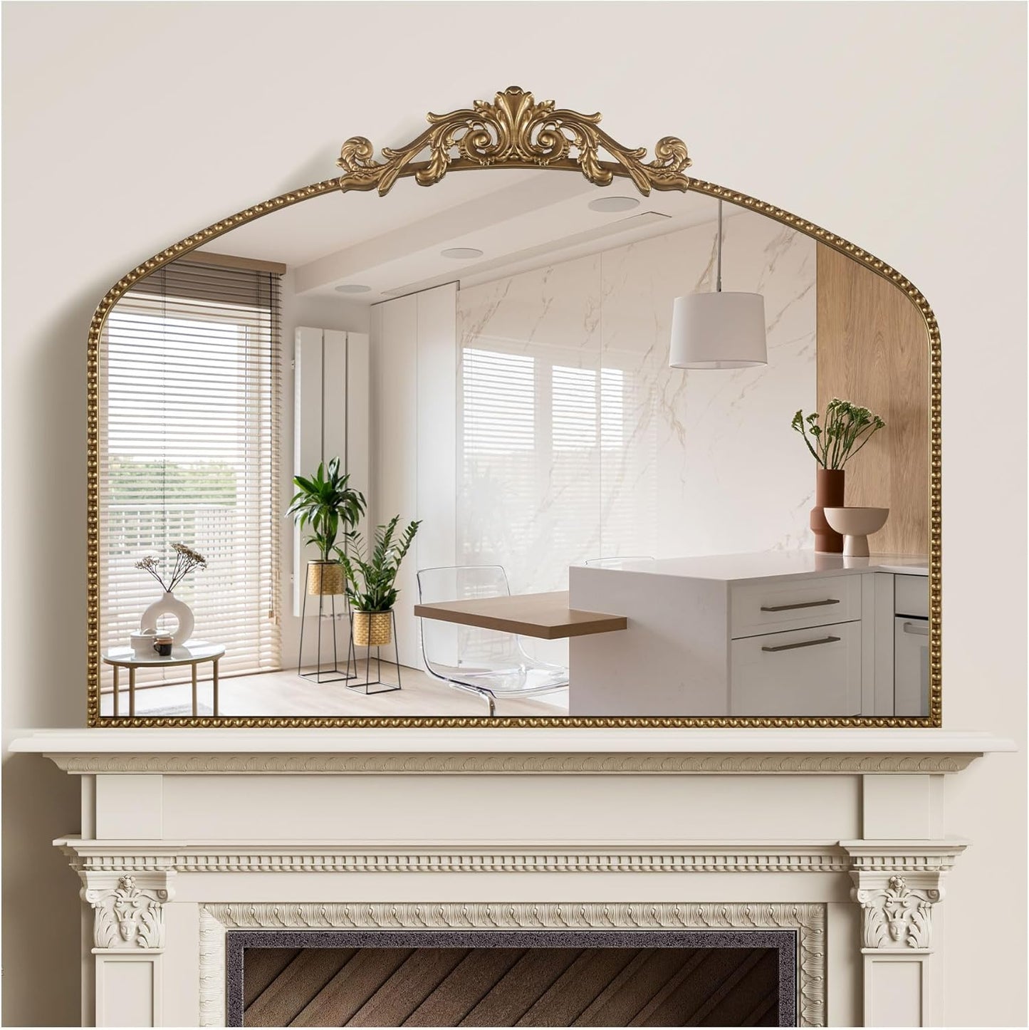 Gold Antique Mirror 40” x 30”, Large Ornate Mantel Mirrors with Arch Frame, Vintage Mirror Over Fireplace, Decorate Gold Beaded Frame for Living Room/Entryway/Dresser