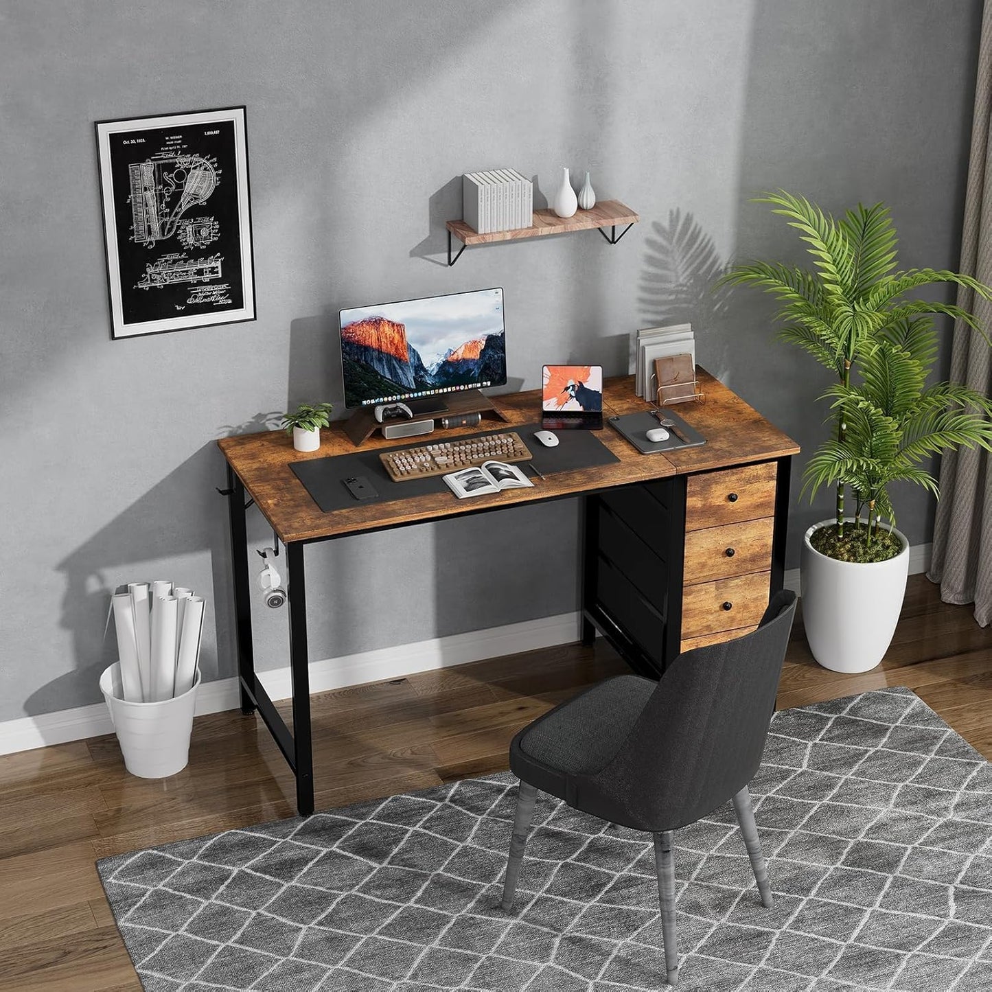 Lufeiya 47 inch Computer Desk with 4 Fabric Drawers, Reversible Writing Work Study Desk for Home Office Bedroom, Modern Simple Student PC Desks, Rustic Brown
