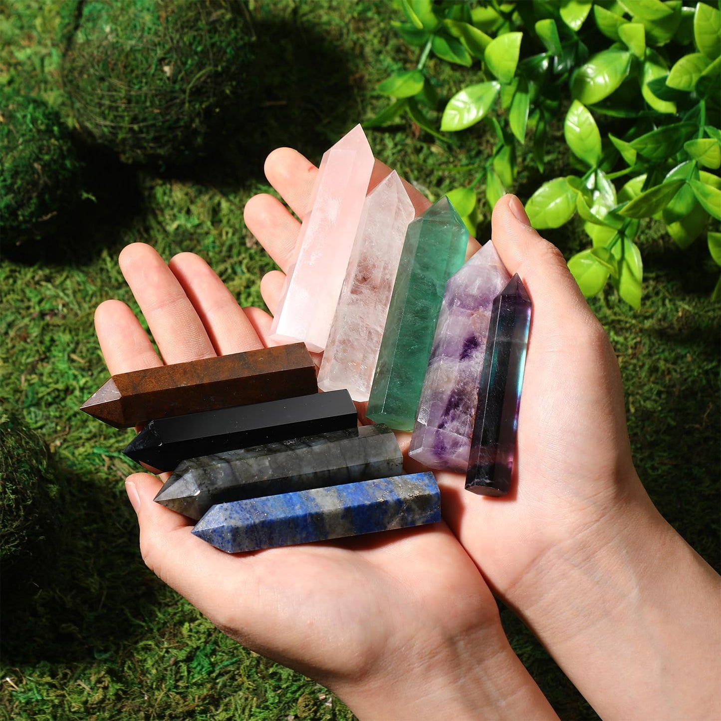 Junkin 9 Sets Healing Crystal Wand, Amethyst Rose Quartz Clear Quartz Tiger Eye Obsidian Fluorite Labradorite Lapis Lazuli for Meditation Crystal Therapy Reiki Supplies(Mixed Color,2.8-3.1 Inch)