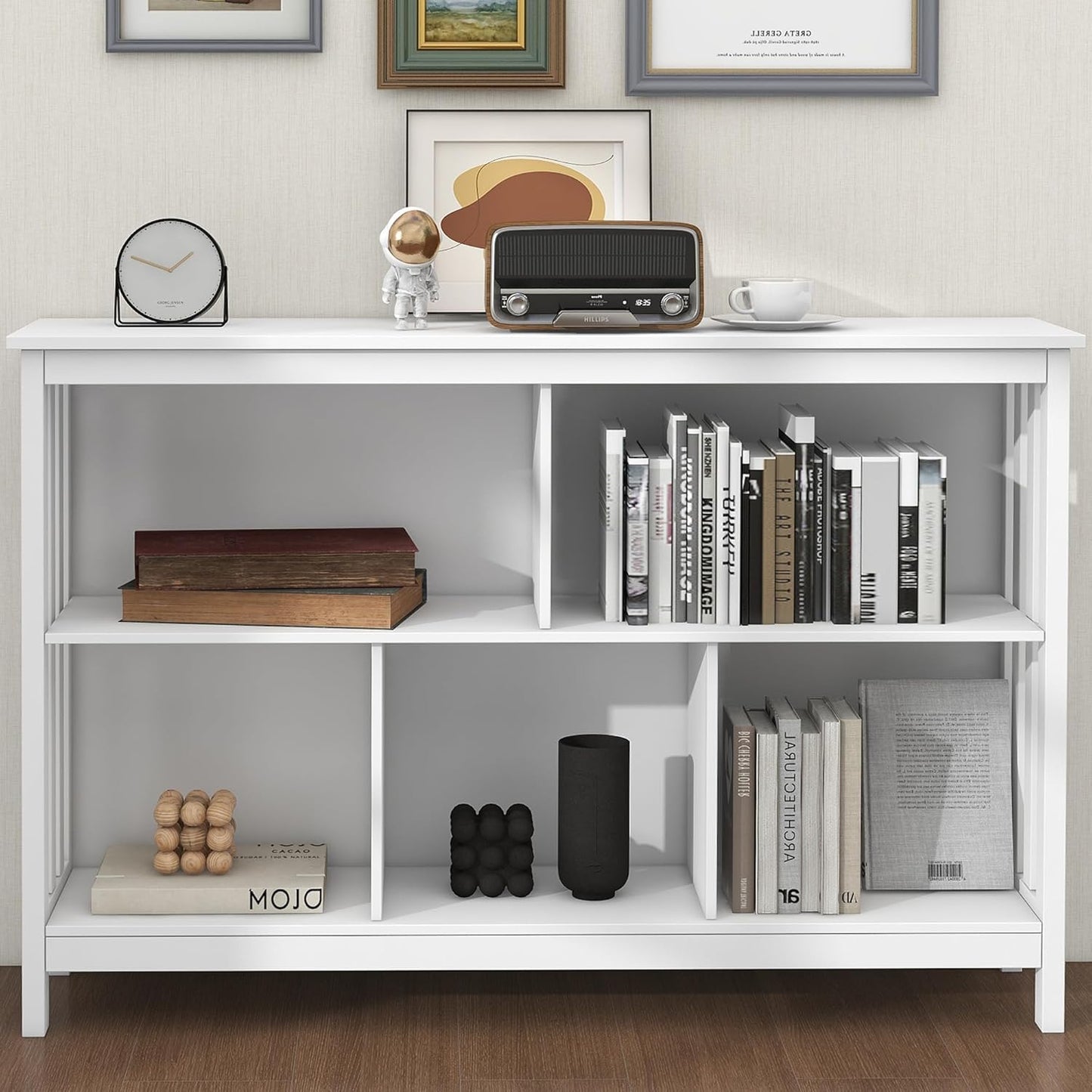 TaoHFE Horizontal Bookshelf - Modern Minimalist 2-Tier Book Shelf with Storage, Short Wide Wood Bookshelf for Classroom, Office, Living Room or Study, White