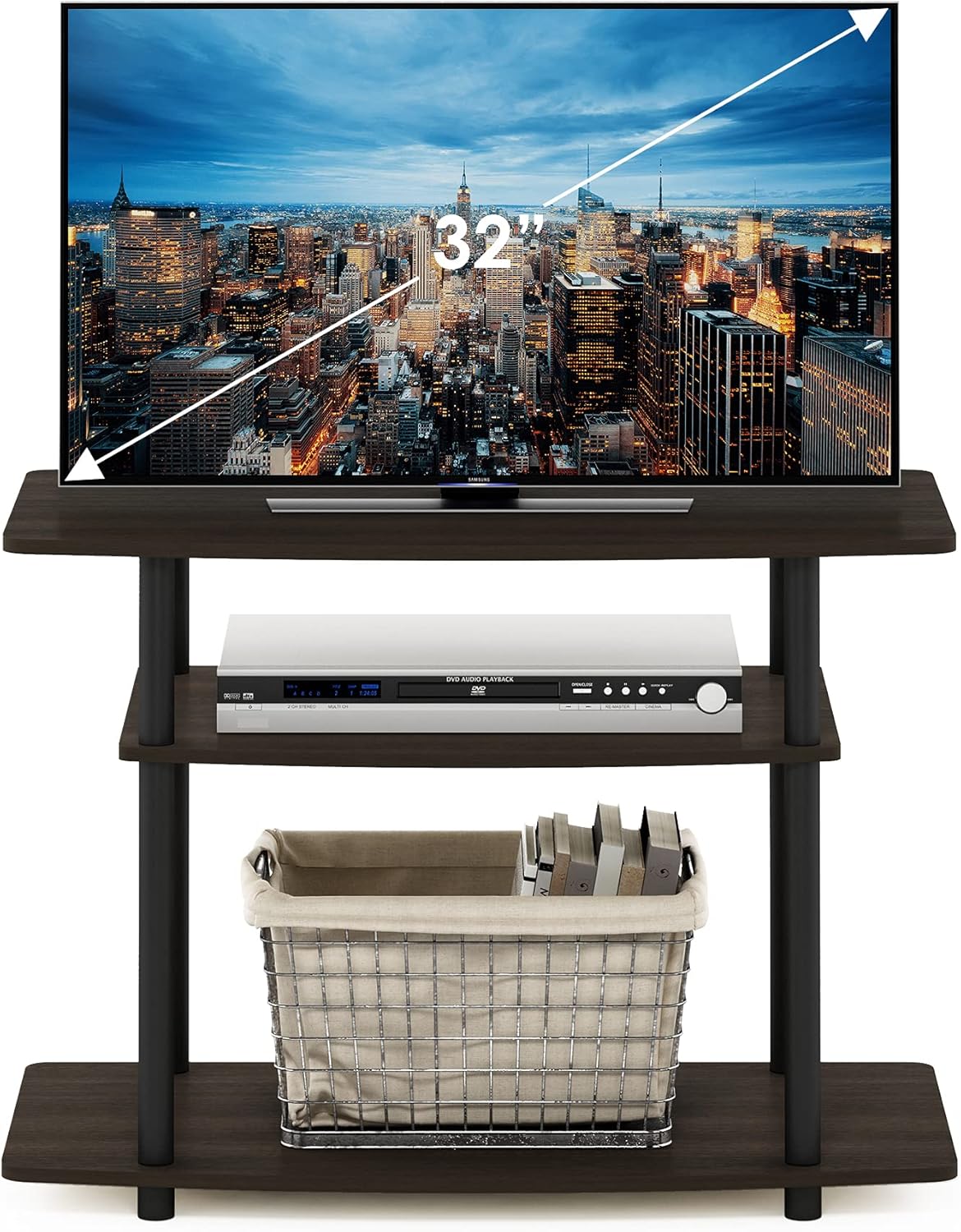 Furinno Turn-N-Tube No Tools 3-Tier Entertainment Center TV Stand for TV up to 32 Inch, Plastic Round Tubes, Dark Brown/Black