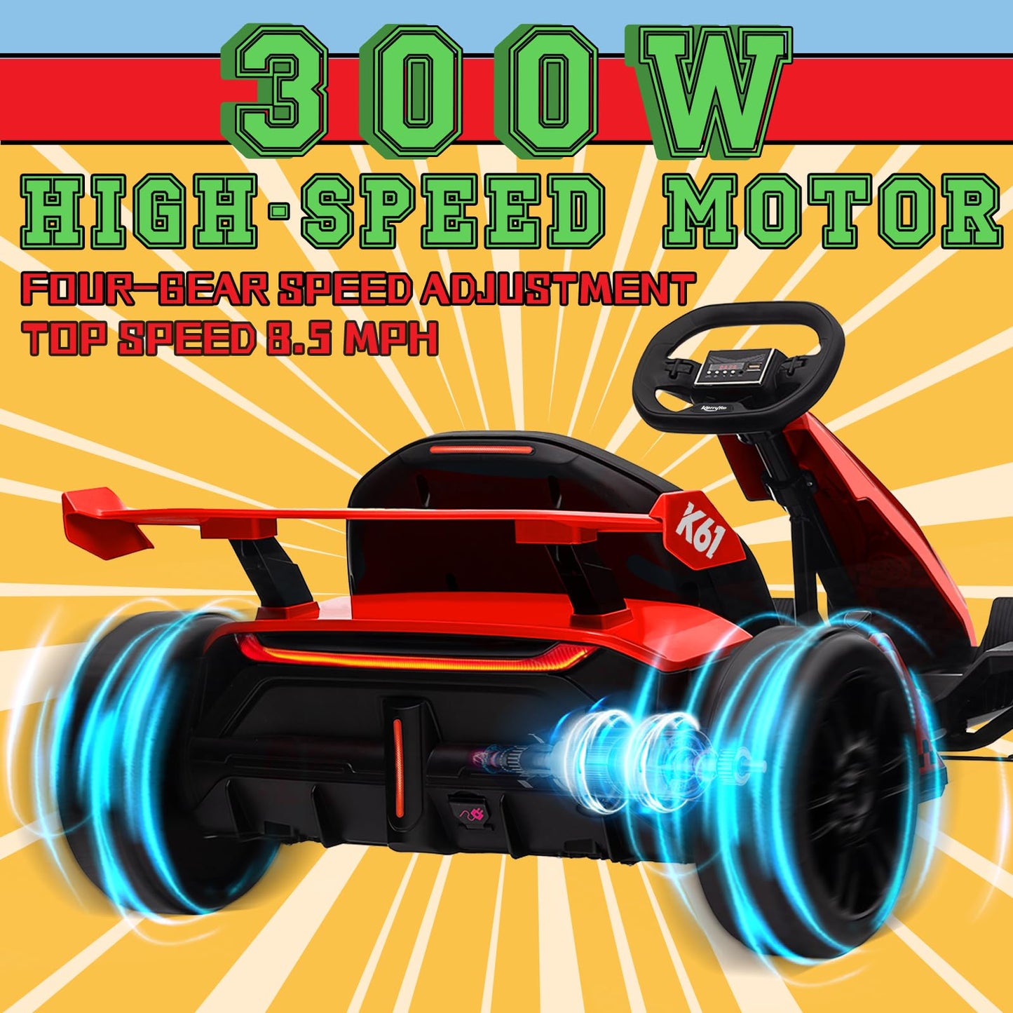 KerryYoo K61 Go Kart Electric Drift Kart with Length Adjustable Seat, 24V Outdoor Ride on Toy with 4 Speed Mode, Crazy Kart for Kids 6-12 Years Old, Fast 300W Motor, 8.5 MPH, Bluetooth - Red