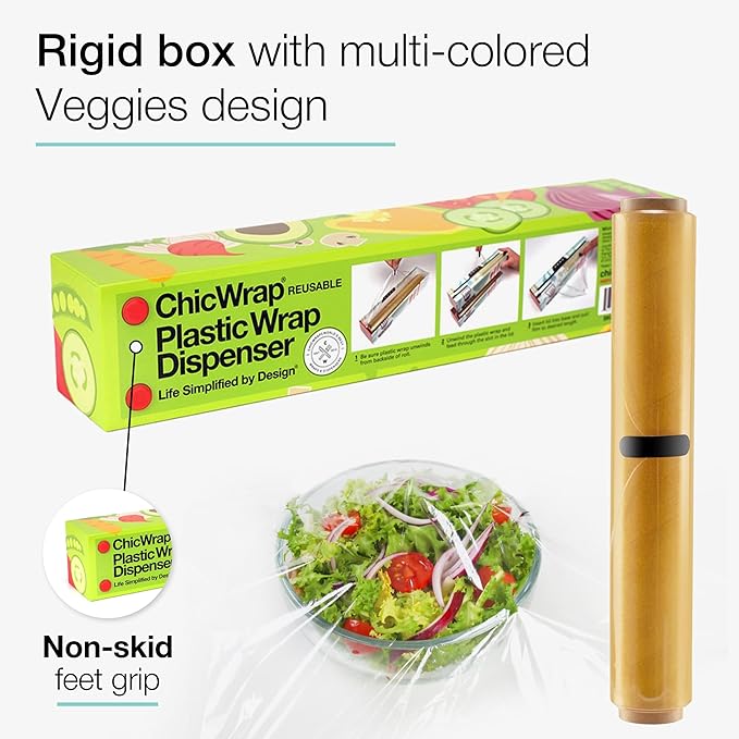 Chicwrap Veggies Refillable Plastic Wrap Dispenser - Includes One 12" x 250' Roll of Professional Grade Plastic Wrap - BPA Free and Kosher Certified - Reusable Dispenser w/Slide Cutter