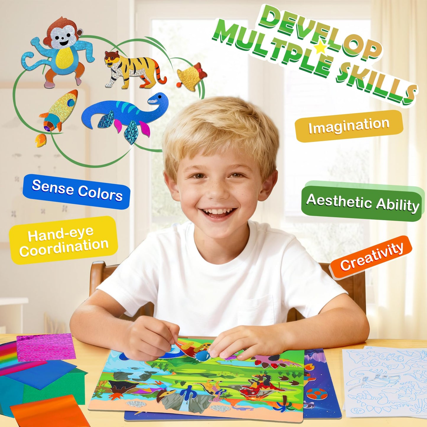 Fun Foil Art Craft Kits, 2 In 1 DIY Dinosaur & Space Creative Sticker Coloring Activity, Travel Toys, Arts and Crafts for Kids 4-6, No Mess Art Craft Supplies, 4 5 6 7 8 9 10 Year Old Boy Girl Gifts